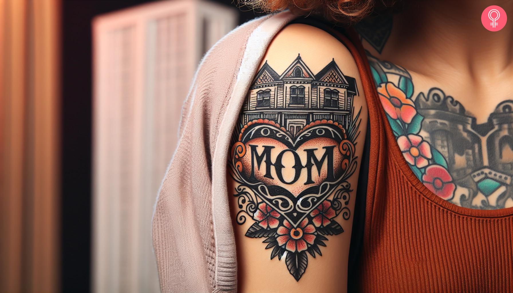 Vintage mom heart tattoo on shoulder