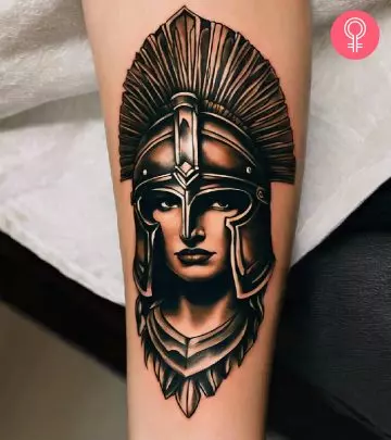 A woman with an Athena tattoo