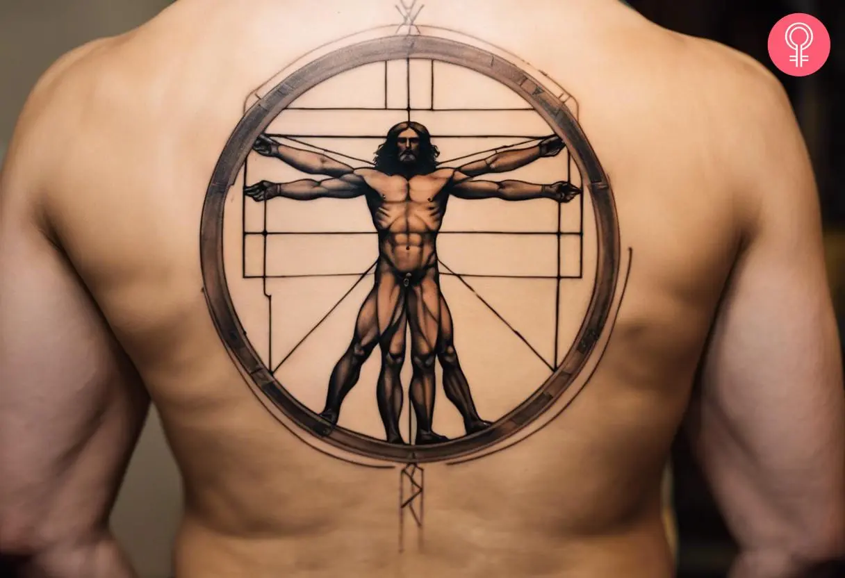 Vitruvian man tattoo on the back of a man