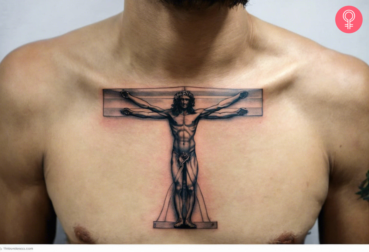 Vitruvian man tattoo on the chest of a man