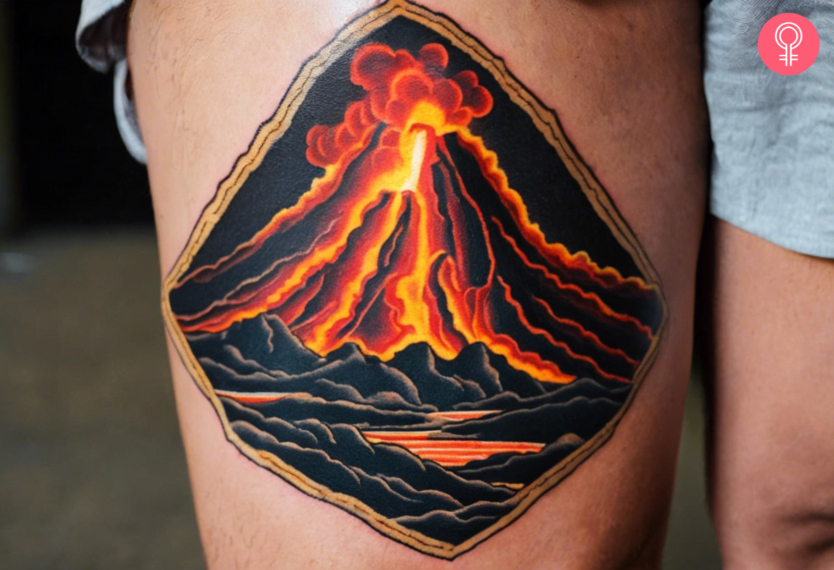 A man wearing a volcano lava tattoo on the front thigh