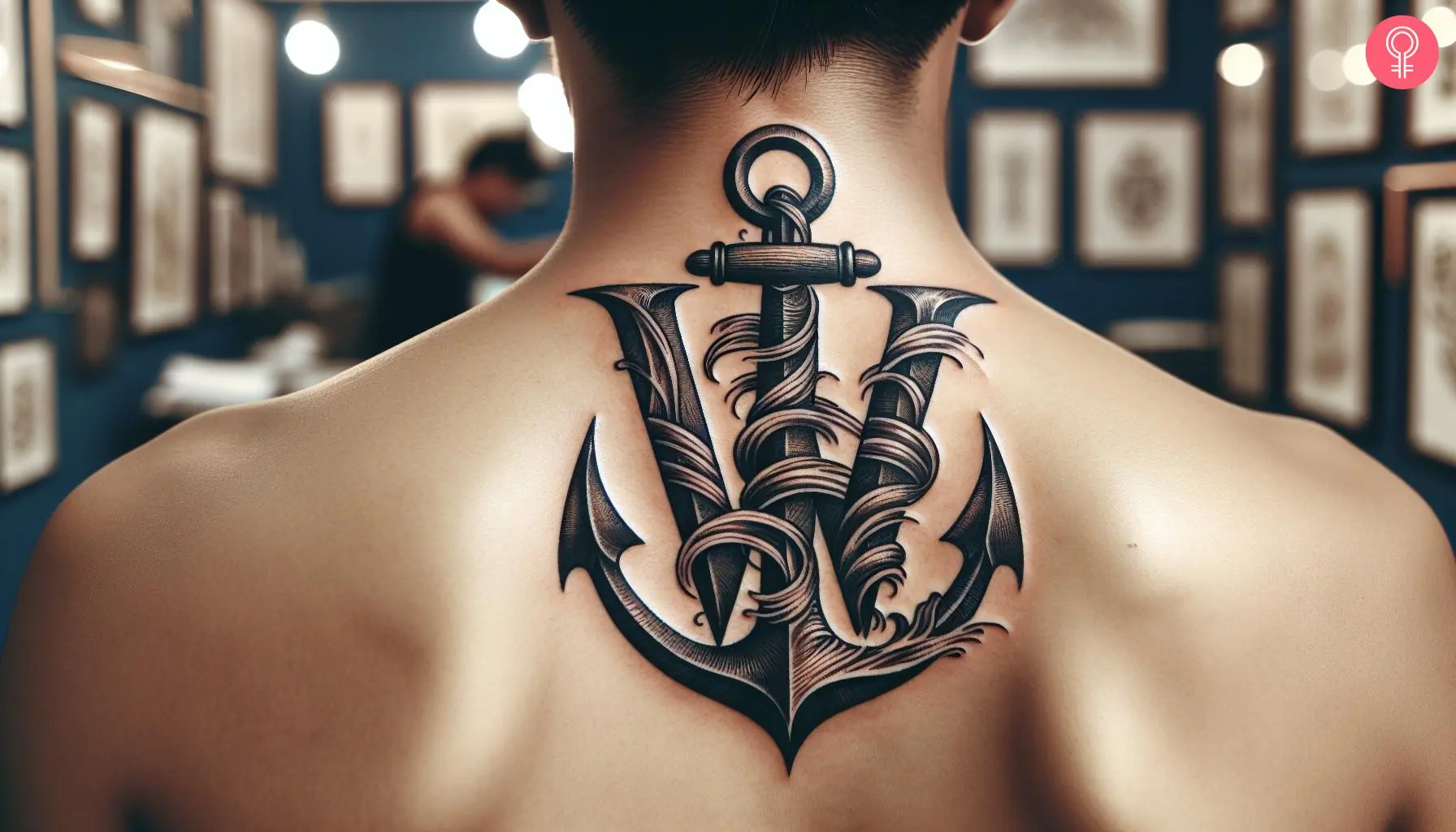 W anchor tattoo on the back of a man