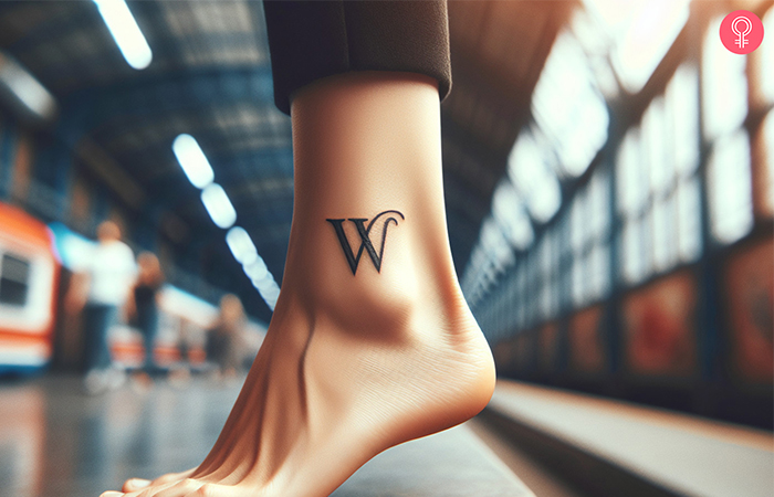 W tattoo design on the ankle of a woman