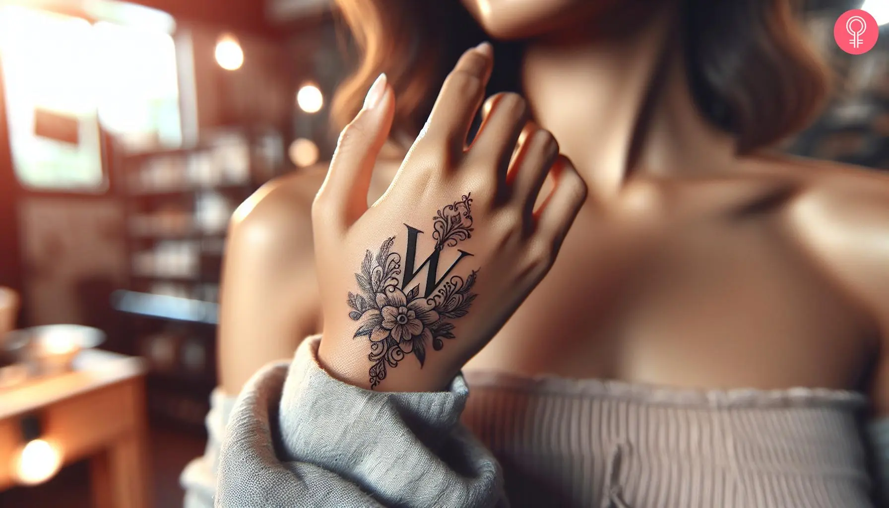 W tattoo design on the hand of a woman