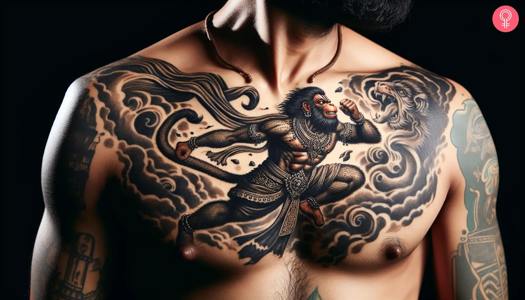 Man with warrior hanuman tattoo on his chest