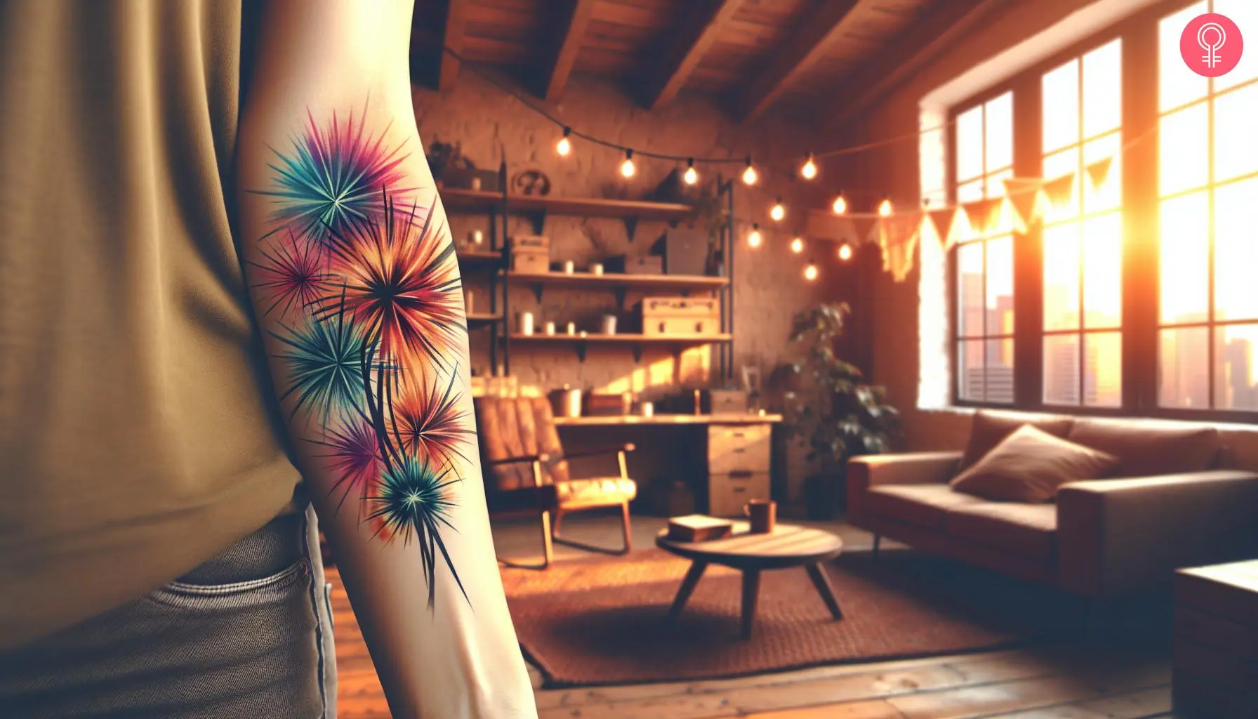 Watercolor firework tattoo on the forearm of a woman