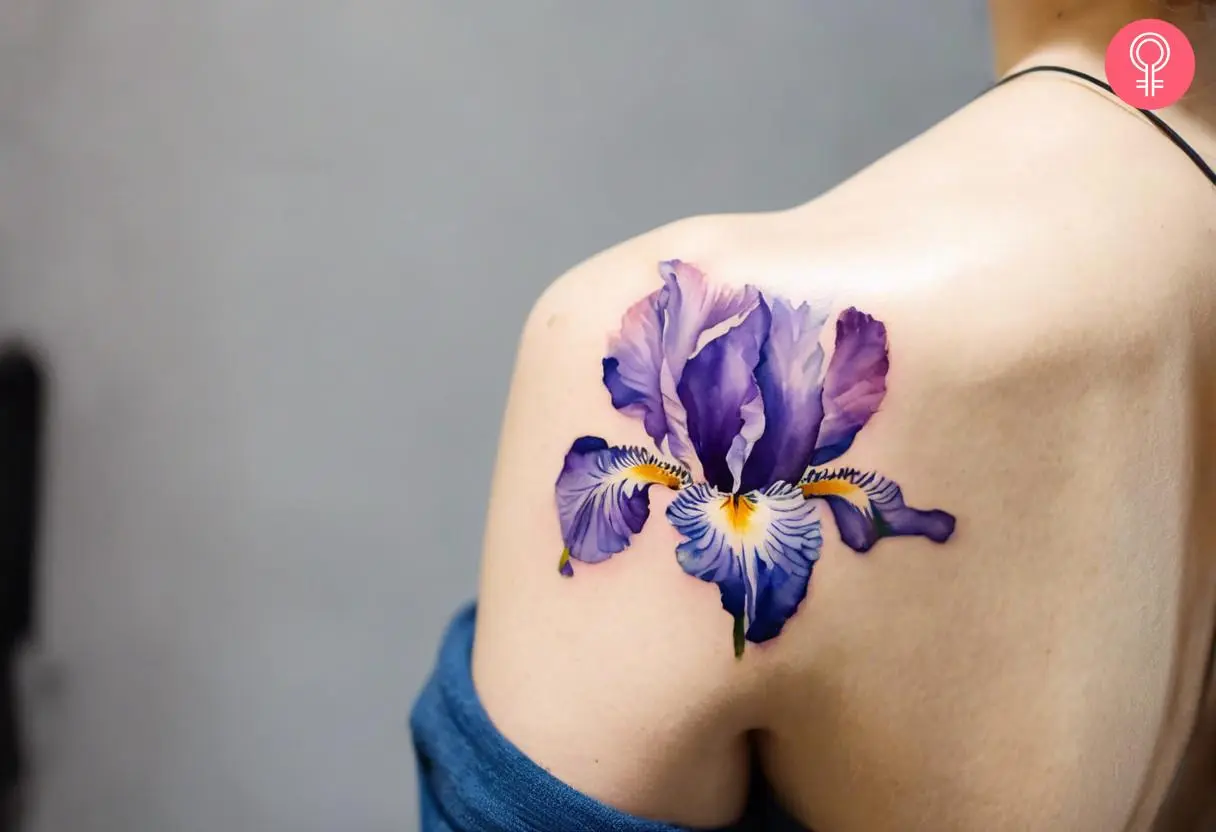 Watercolor iris tattoo on the shoulder