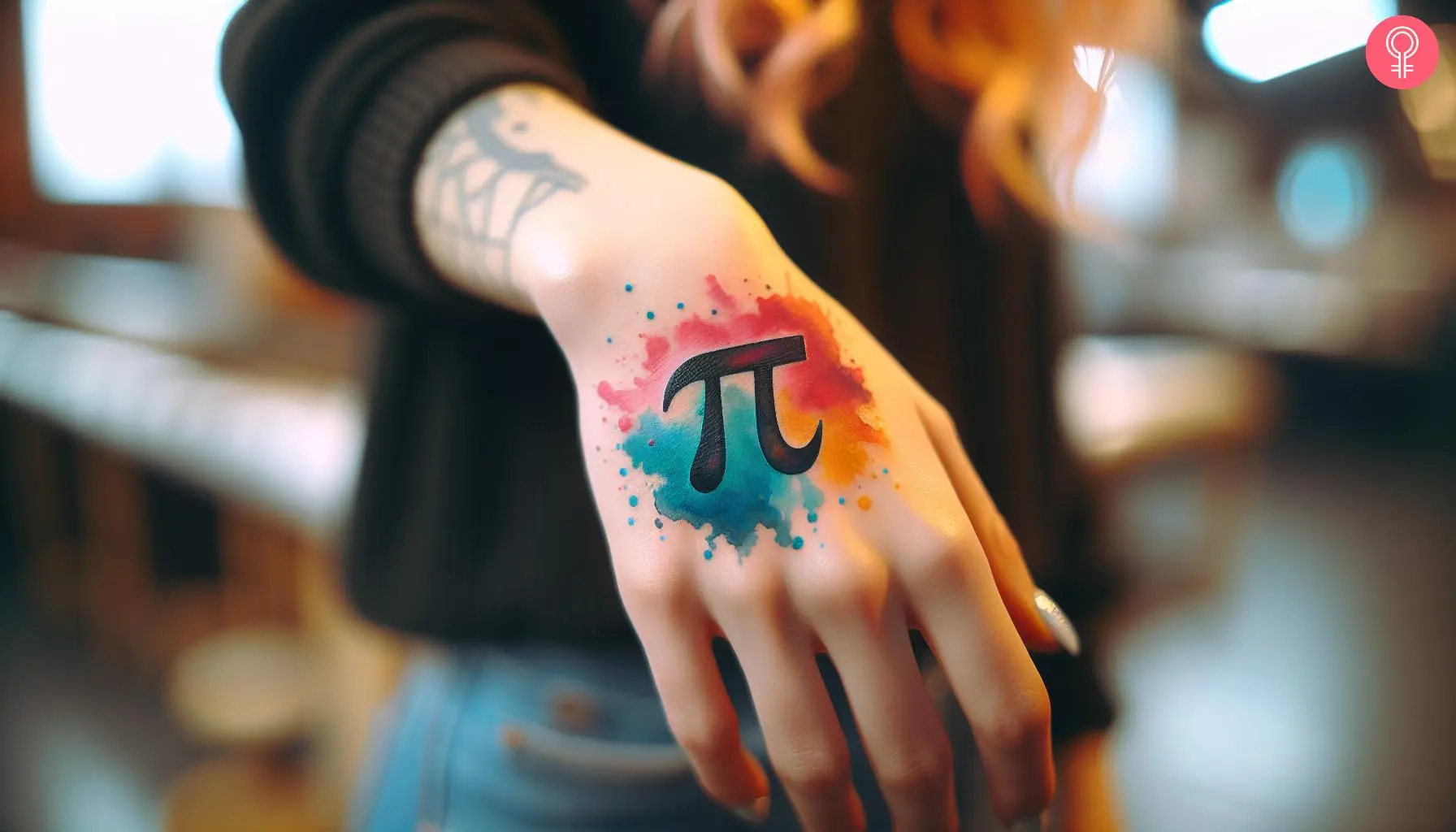 Watercolor pi tattoo on the hand of a woman