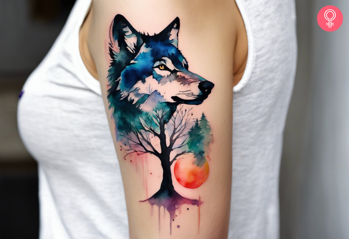 Watercolor wolf and tree tattoo on the upper arm of a woman