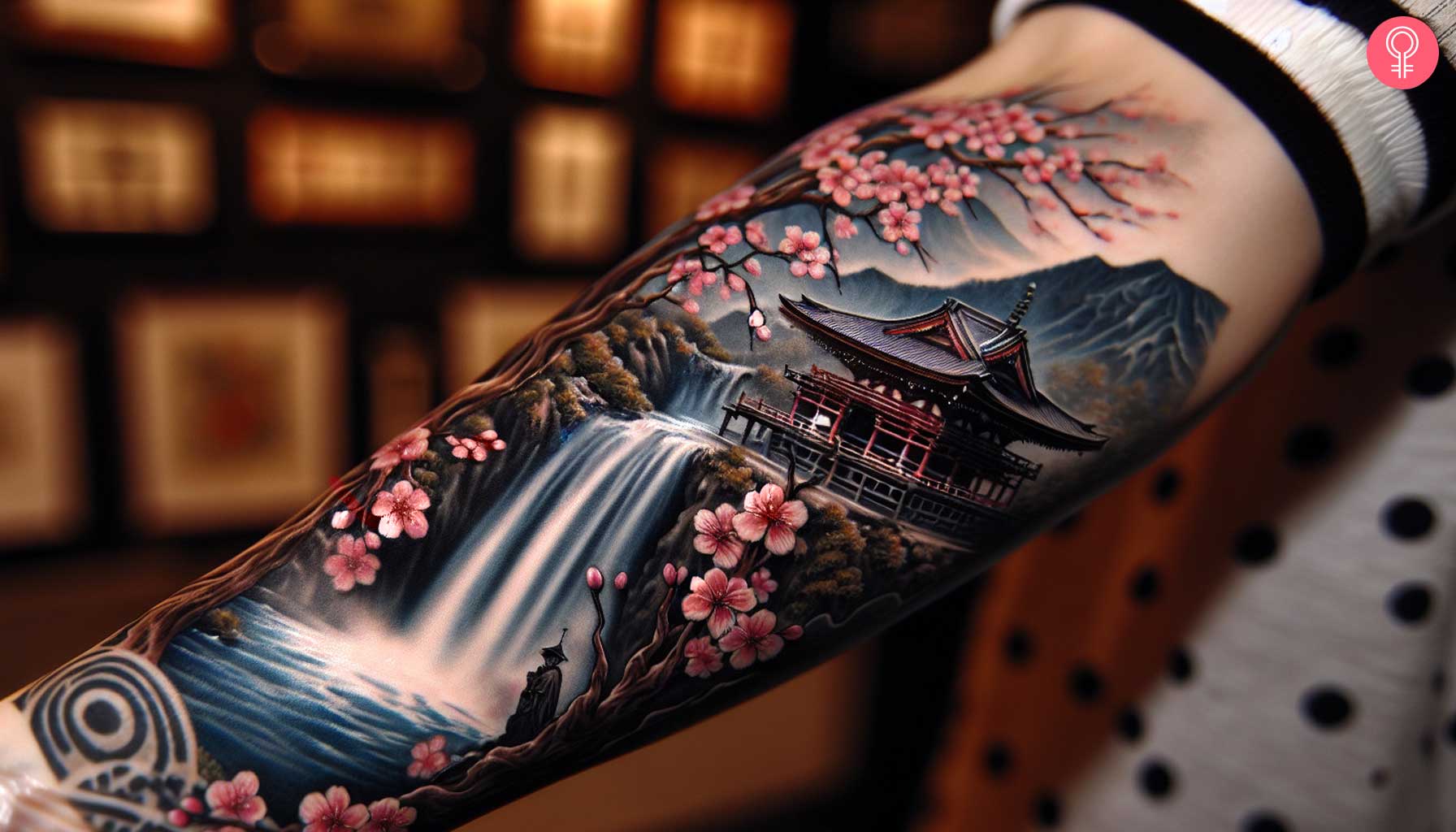 Waterfall cherry blossom Japanese temple tattoo on the forearm of a woman