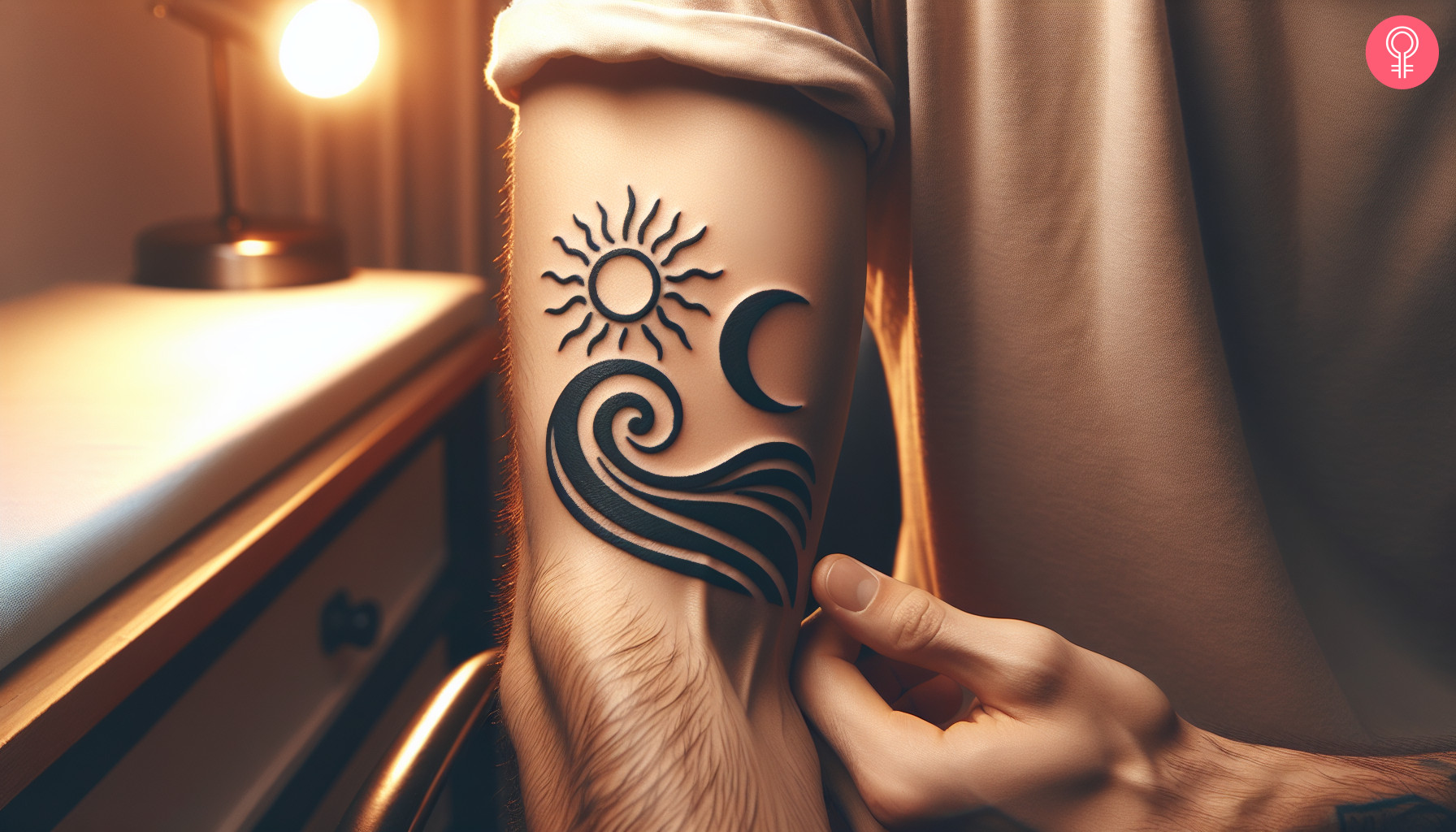 Wave sun and moon tattoo on the arm of a man