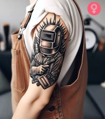 A woman with an astronaut tattoo on her arm.