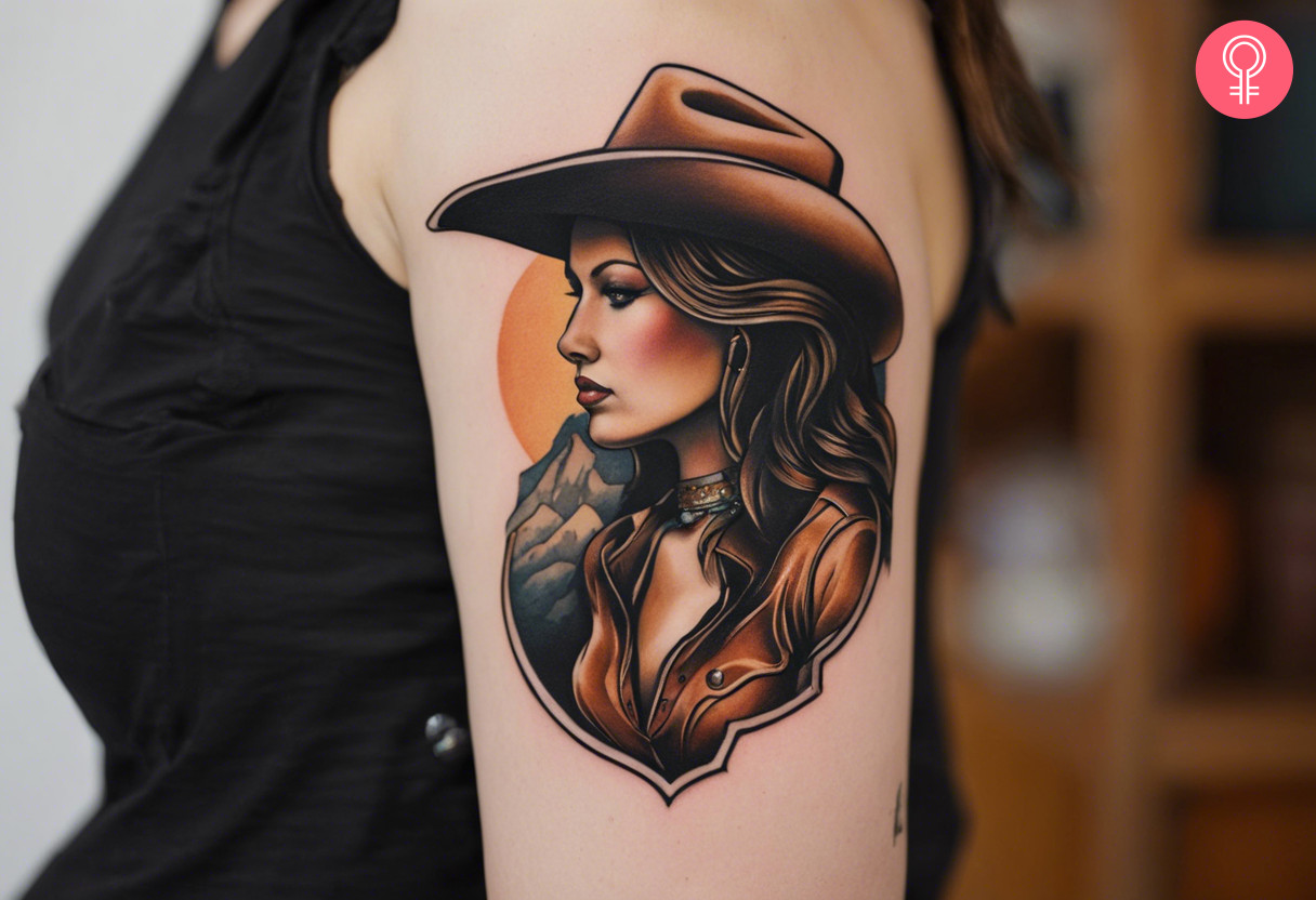 Western cowgirl tattoo on the upper arm of a woman