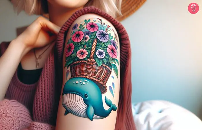 A woman with a tattoo featuring a cute blue whale and a basket of petunias