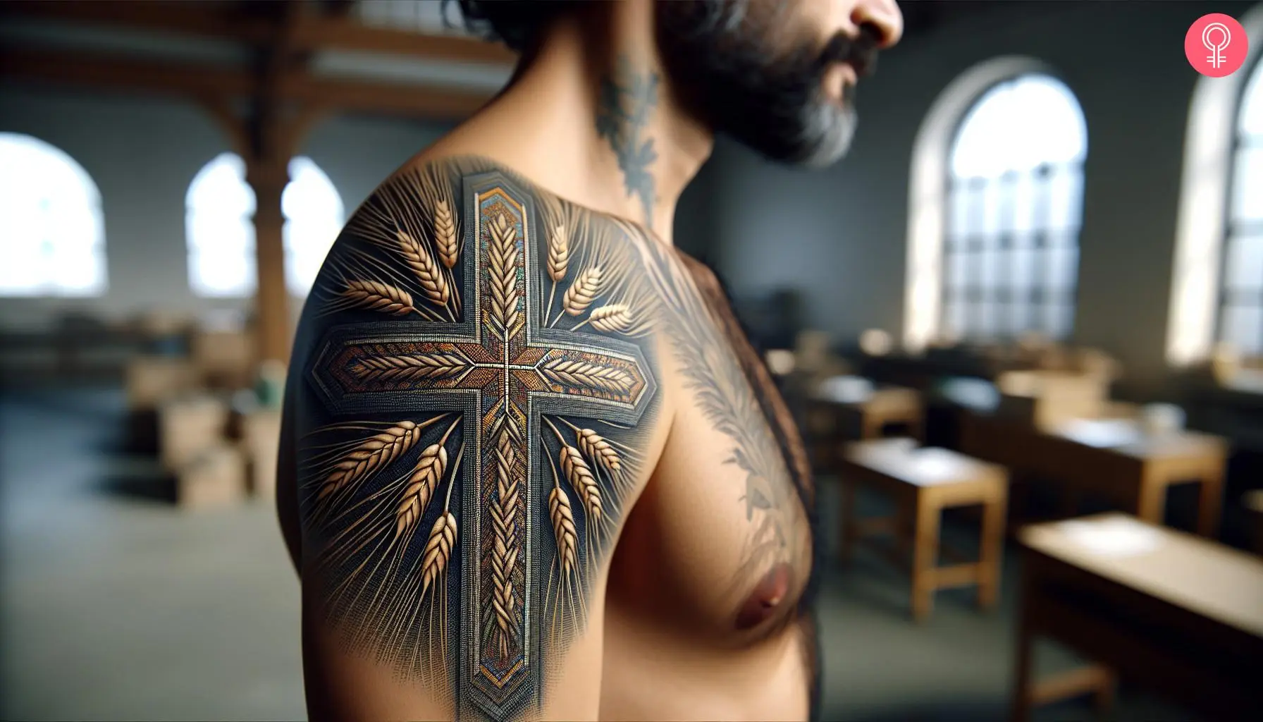 Wheat cross tattoo on the shoulder of a man