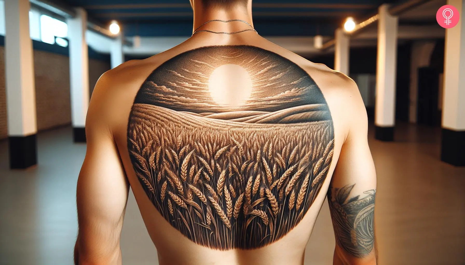 Wheat field tattoo on the back of a man