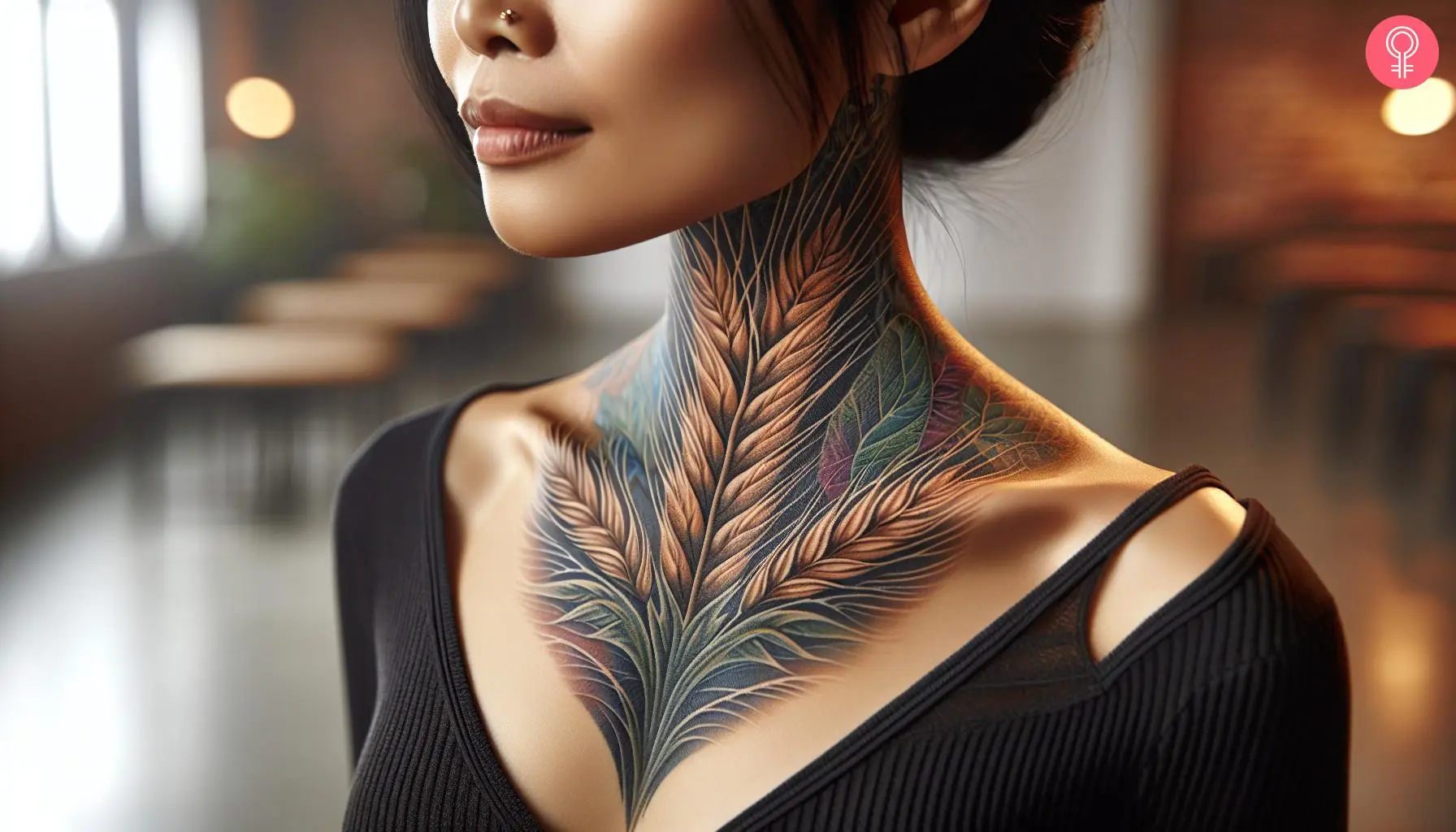 Wheat leaf tattoo on the neck of a woman