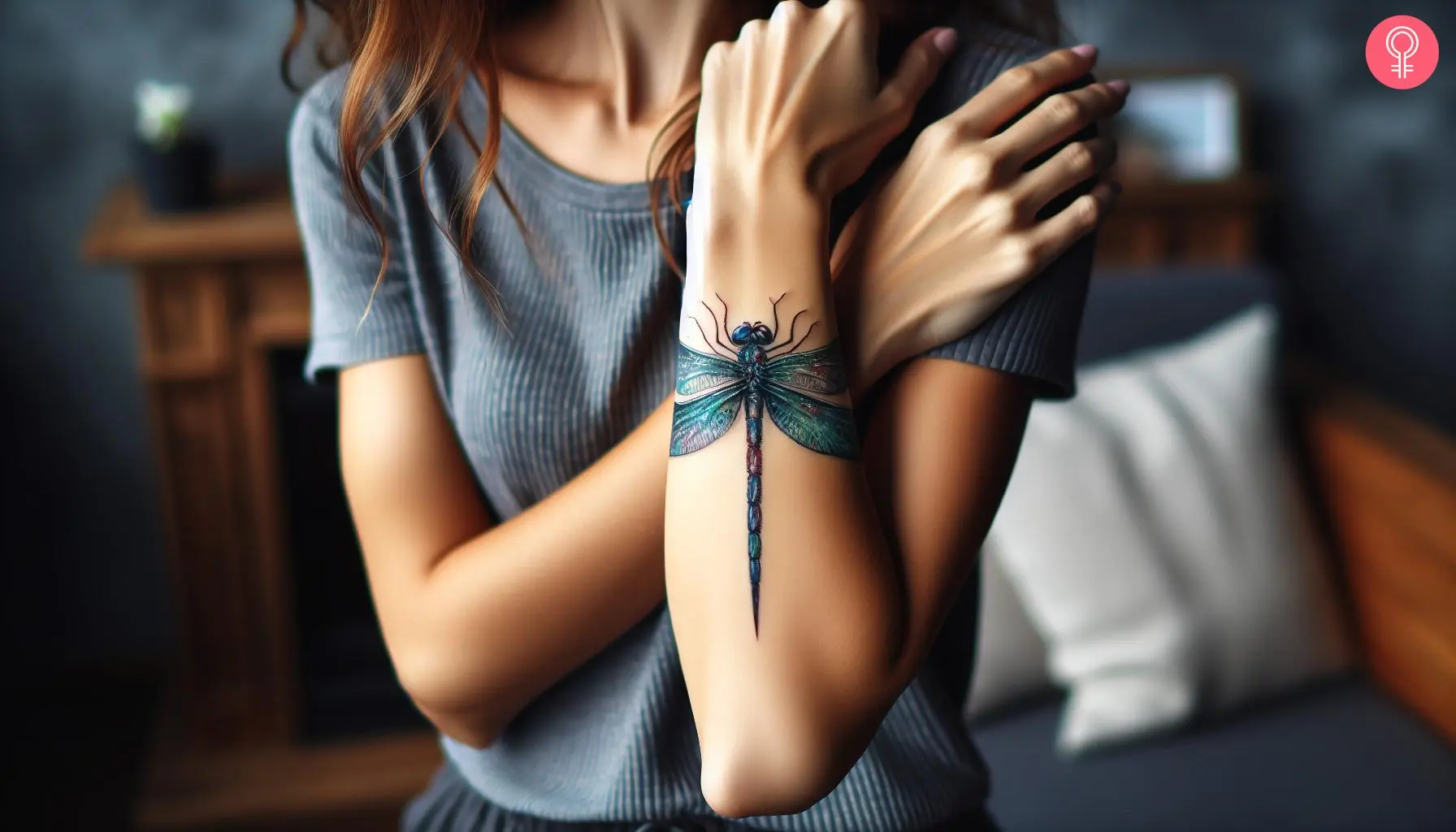 Whimsical dragonfly tattoo on the forearm