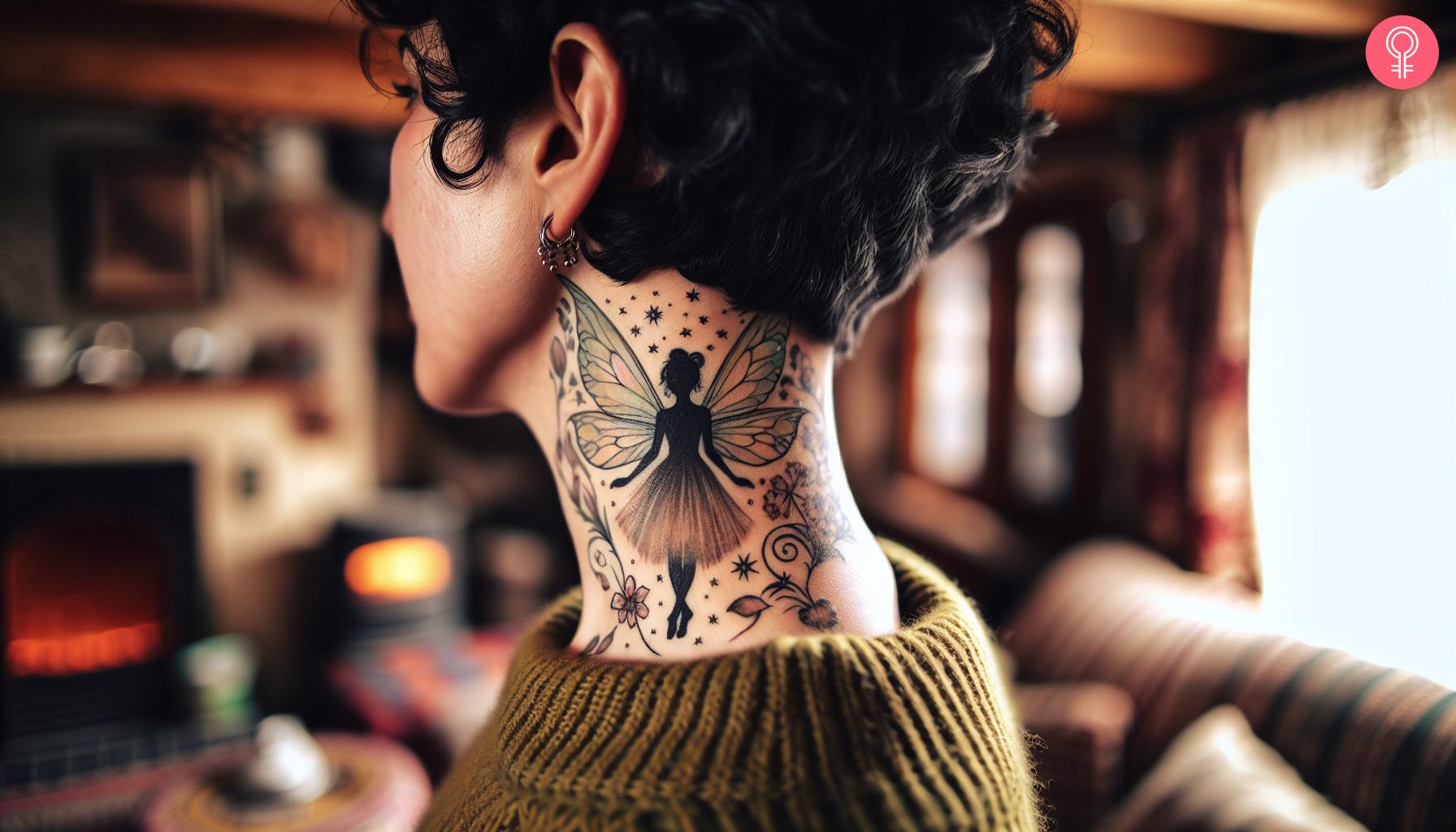 Playful fairy tattoo with stars and flowers on the neck