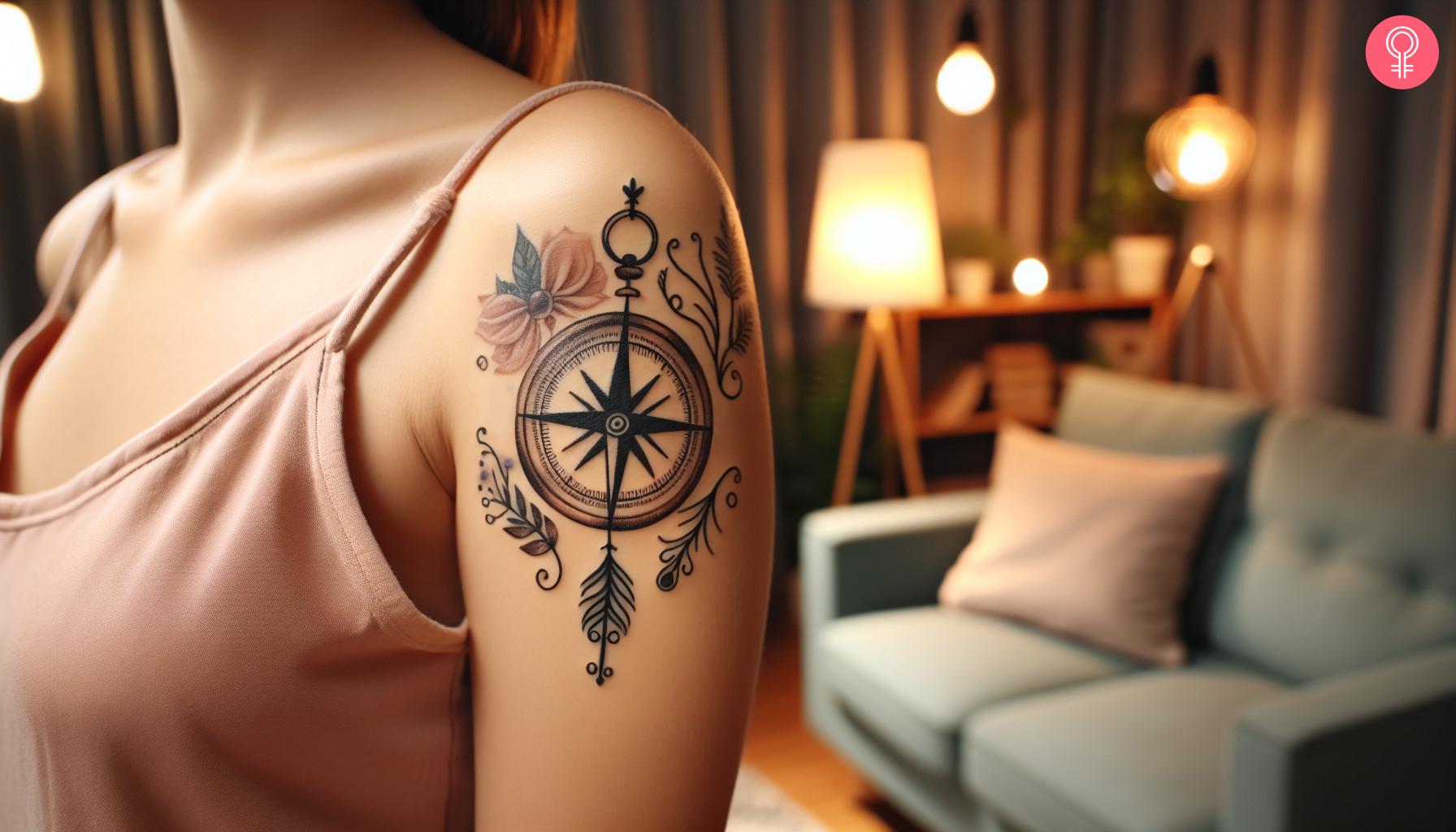 Playful feminine vintage compass tattoo on shoulder