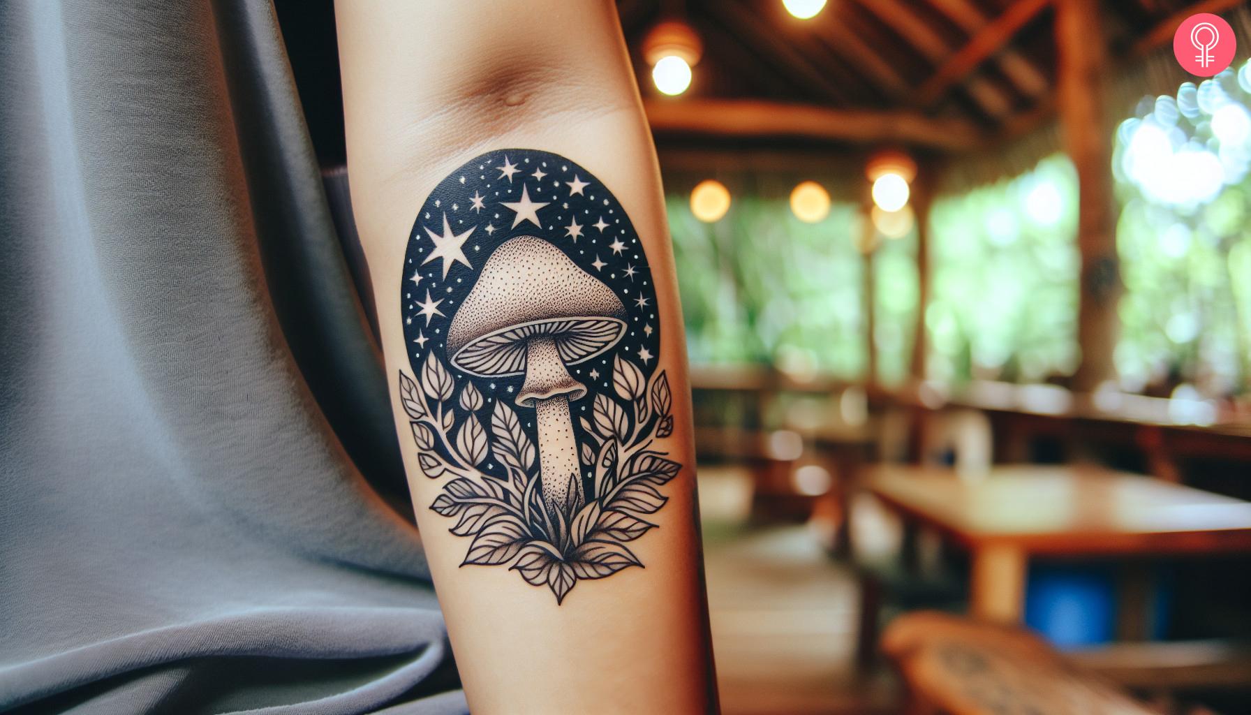 Playful mushroom with leaves and star background tattoo on forearm