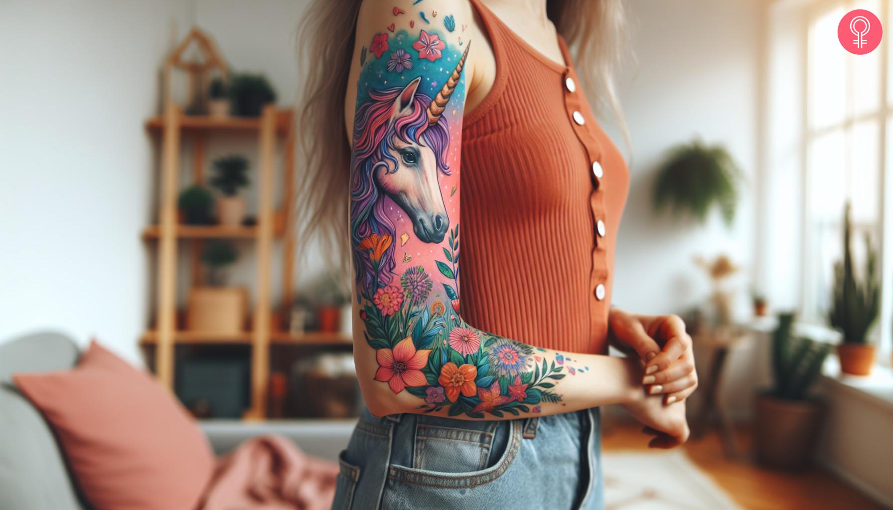 Playful unicorn and flower tattoo on sleeve