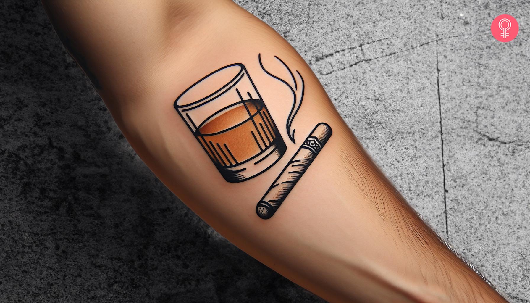 Traditional ink whiskey with cigar tattoo on the forearm.