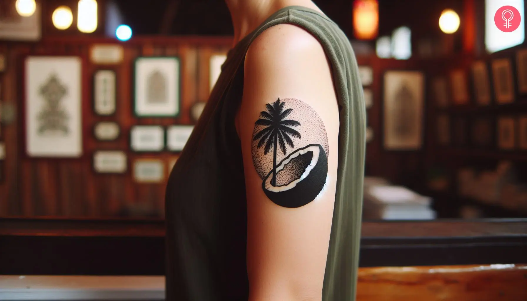 Black-and-white coconut tattoo on the bicep