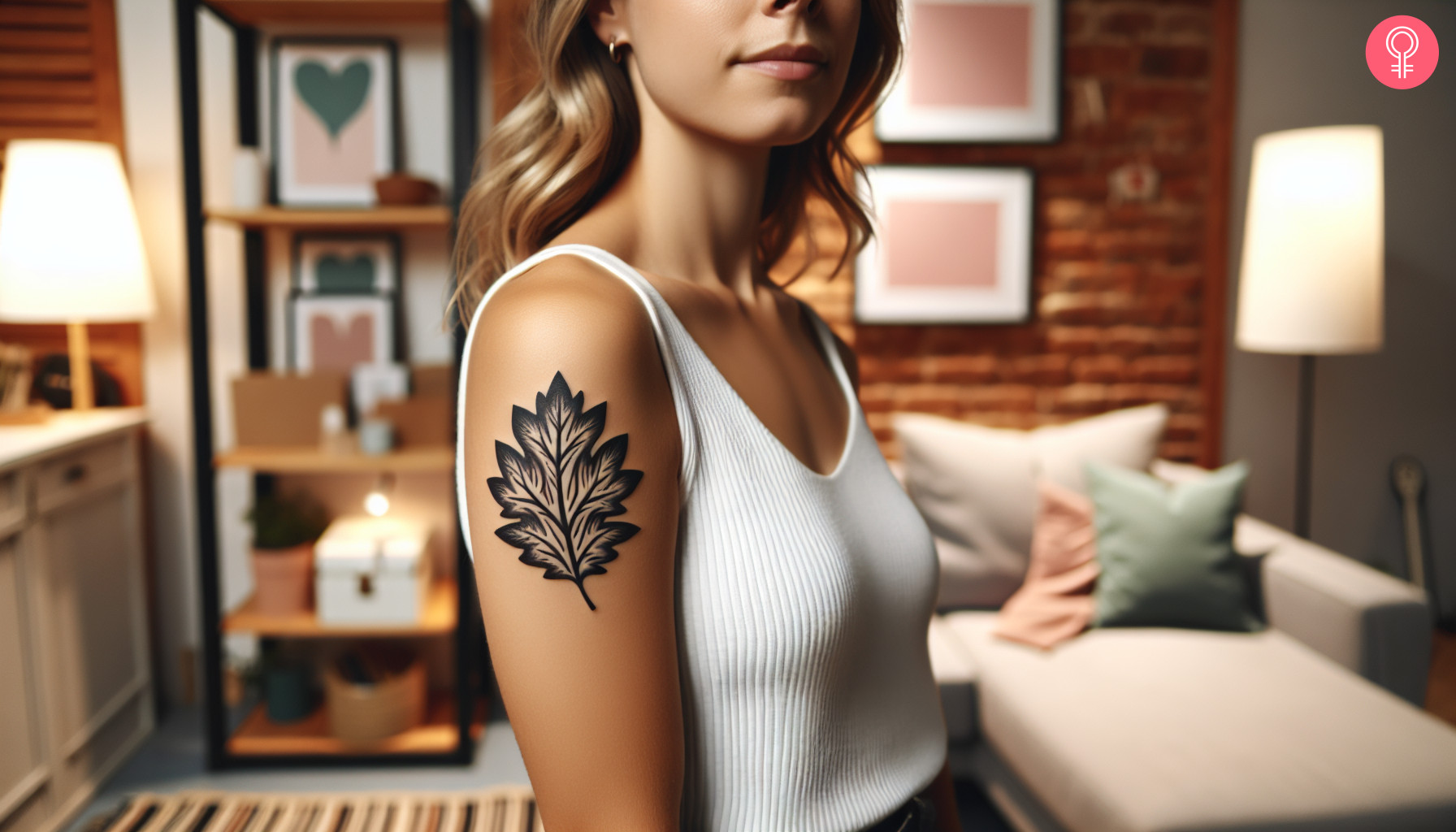 White oak leaf tattoo on the upper arm