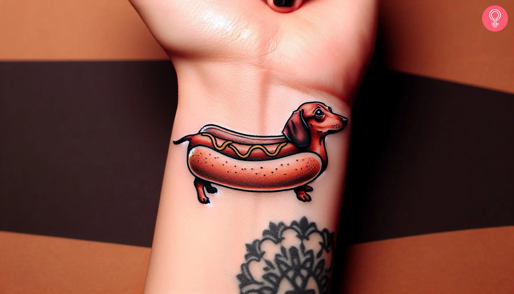 Woman with wiener dog hot dog tattoo on her wrist