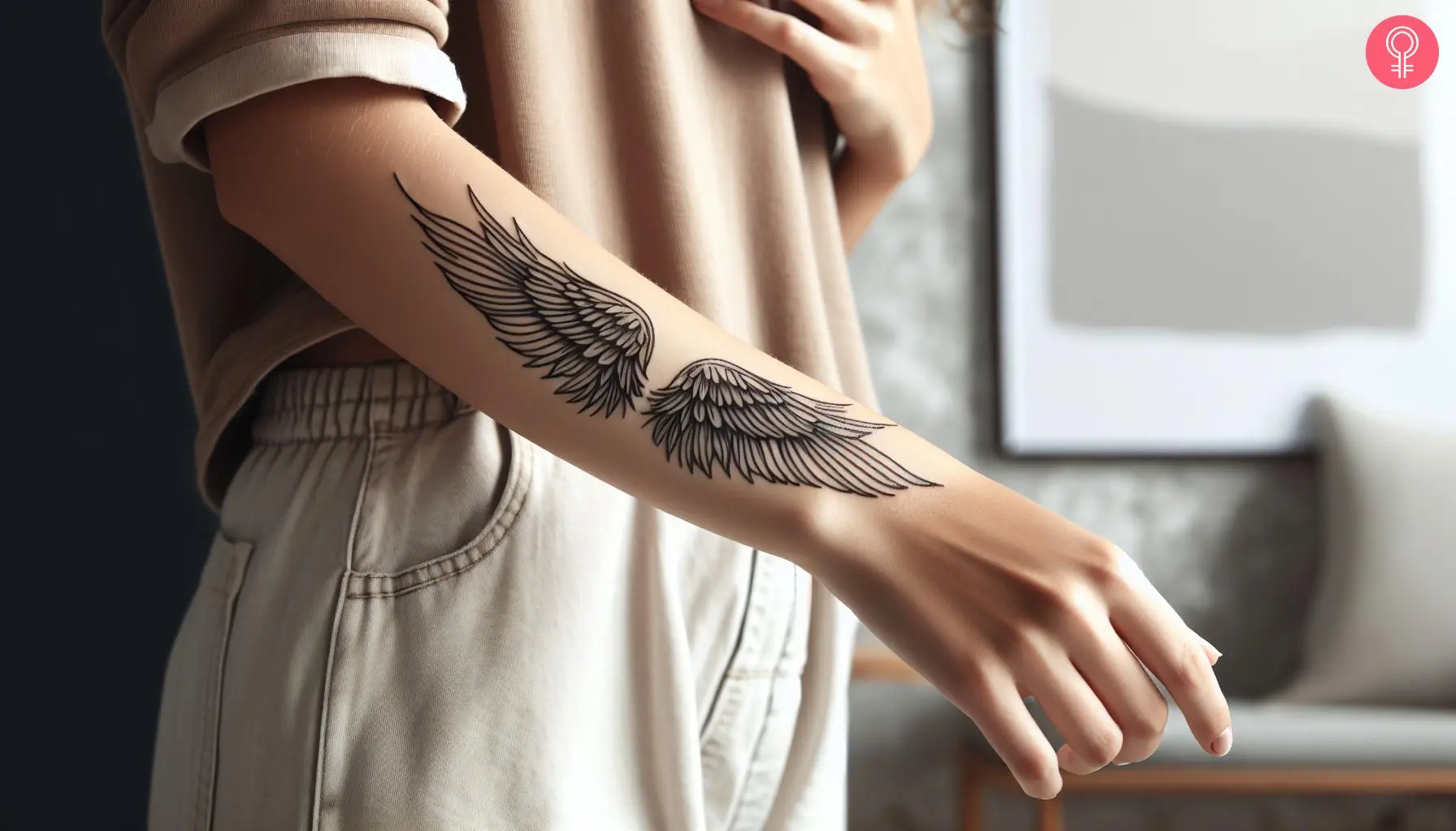 A winged victory tattoo on the forearm of a woman