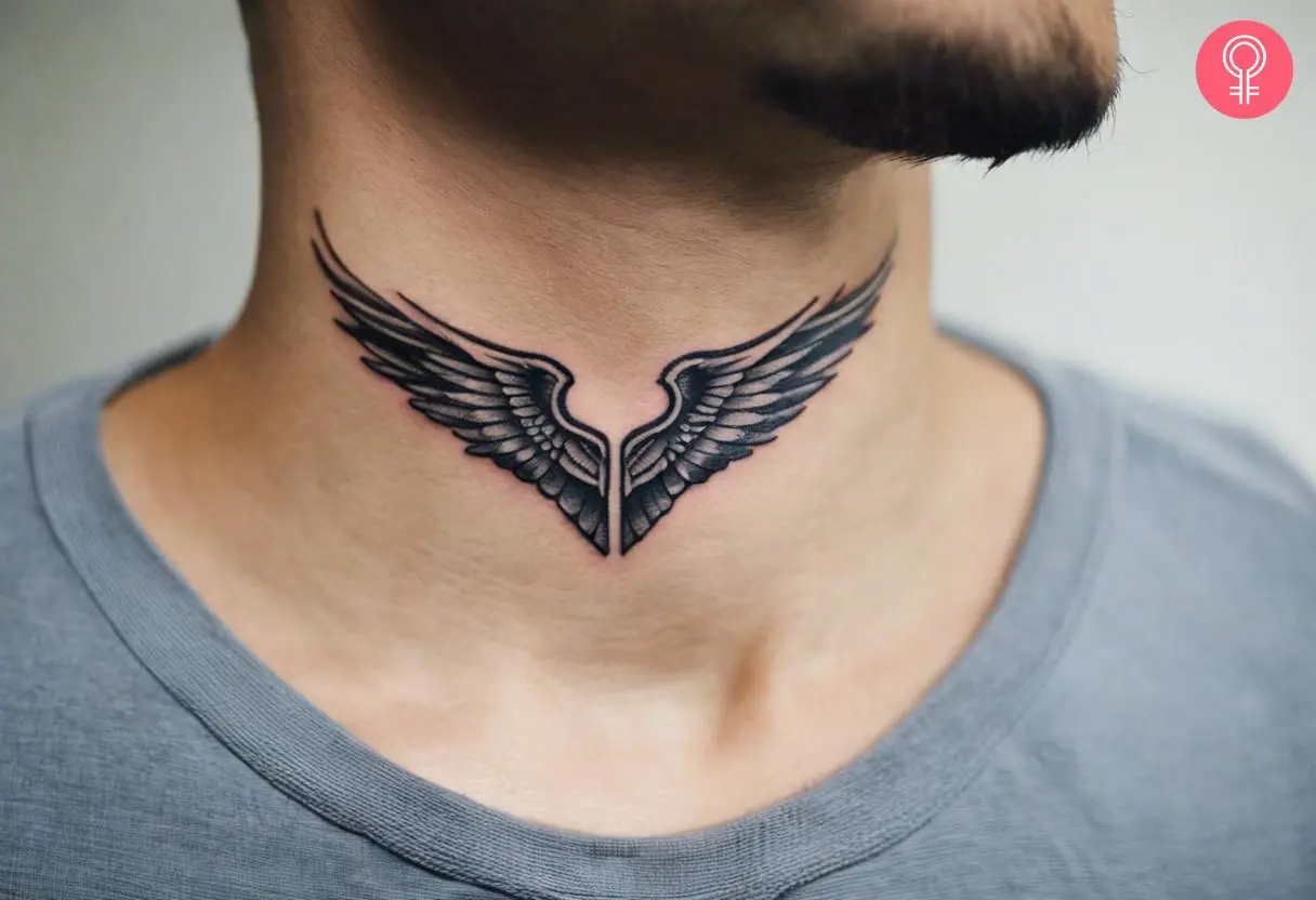 Wings tattoo on a man’s front neck