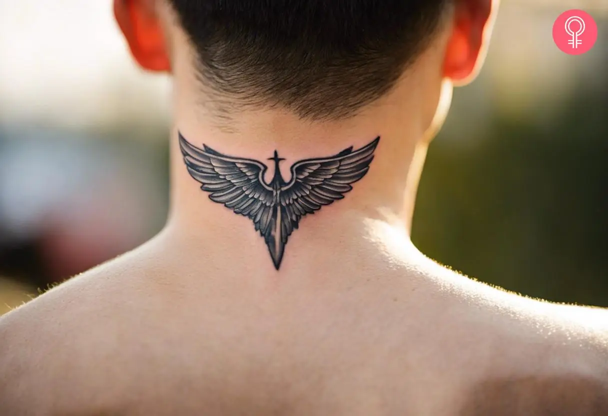 Wings tattoo on the back of a man’s neck