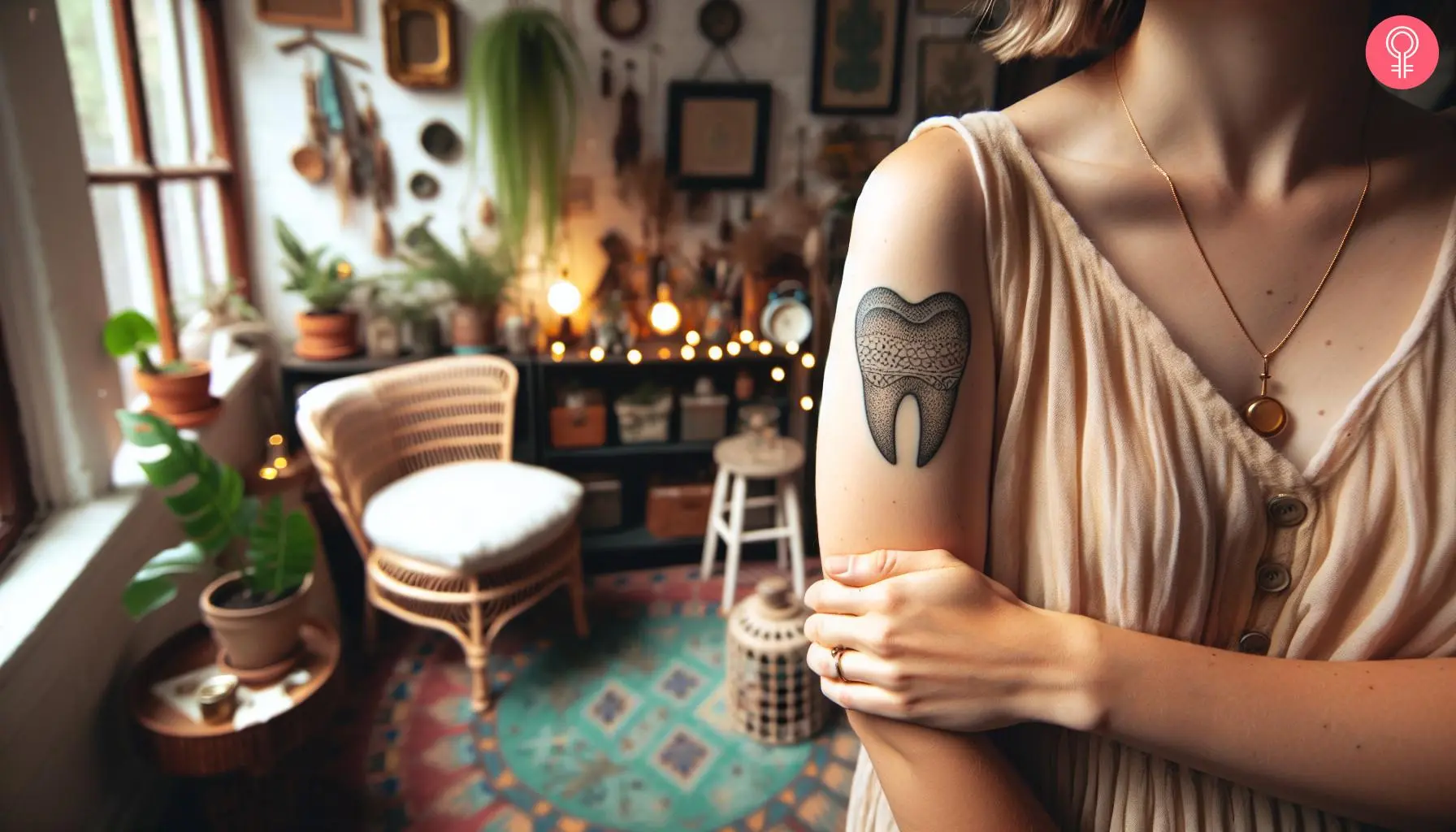 Wisdom tooth tattoo on the upper arm