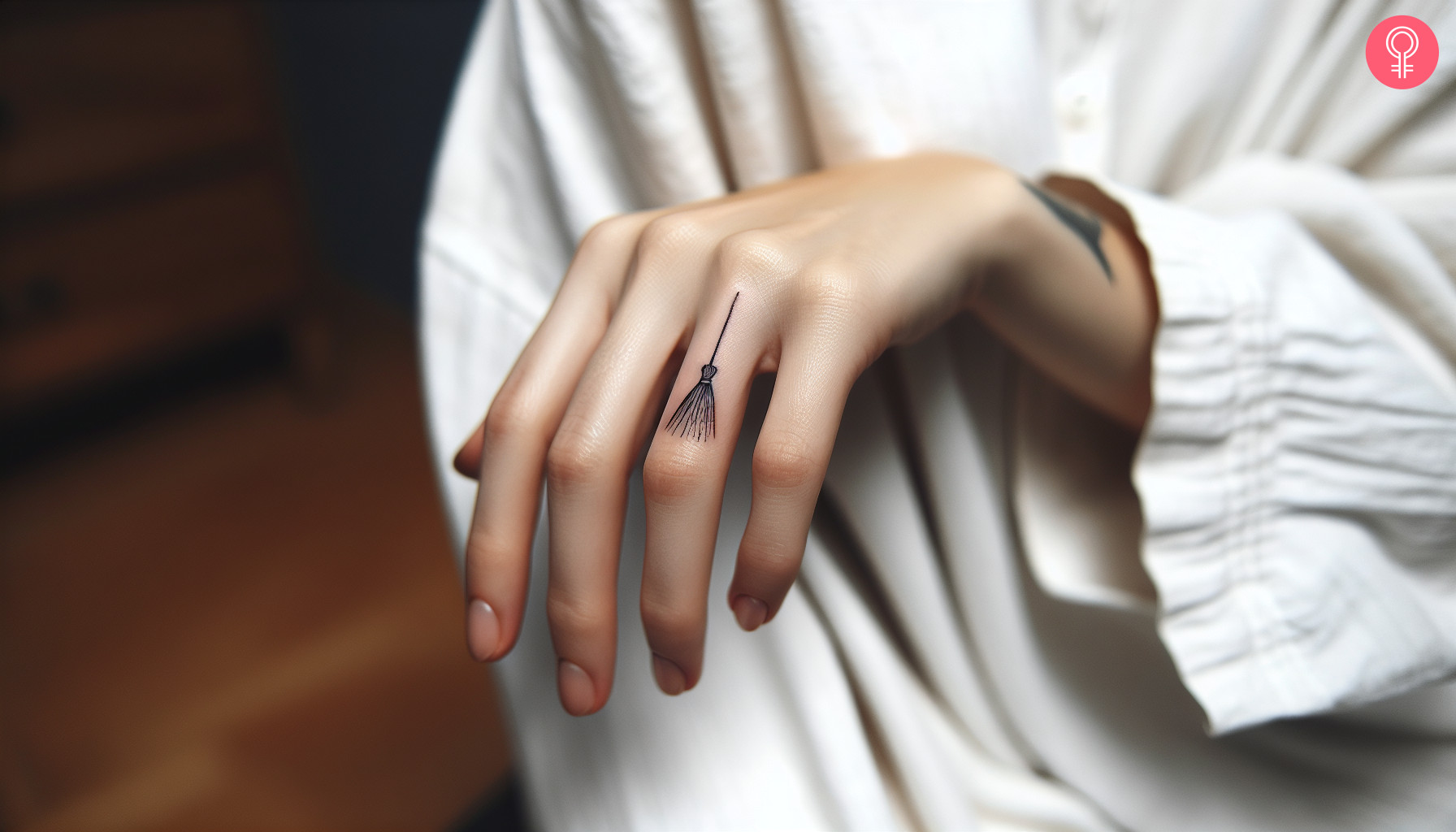 Woman with witch broom finger tattoo