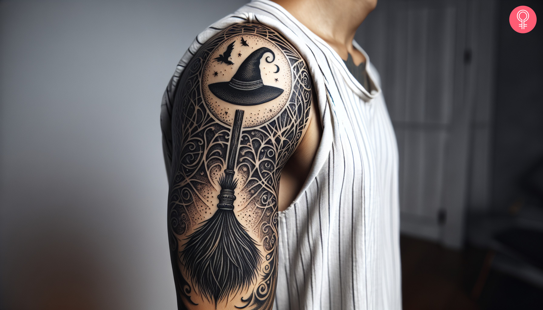 Witch broom tattoo on the sleeve for male