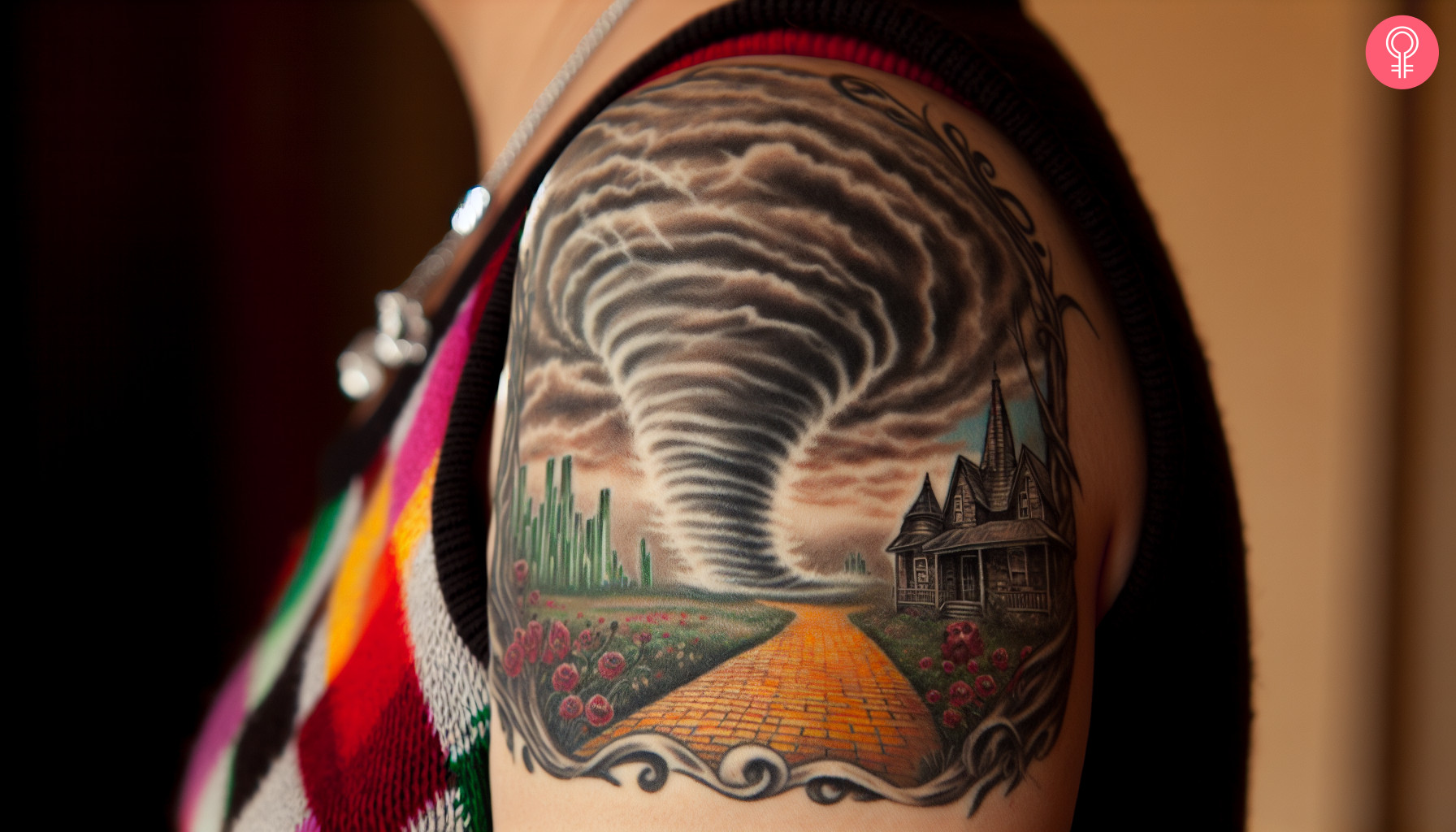 Wizard Of Oz tornado tattoo on the upper arm