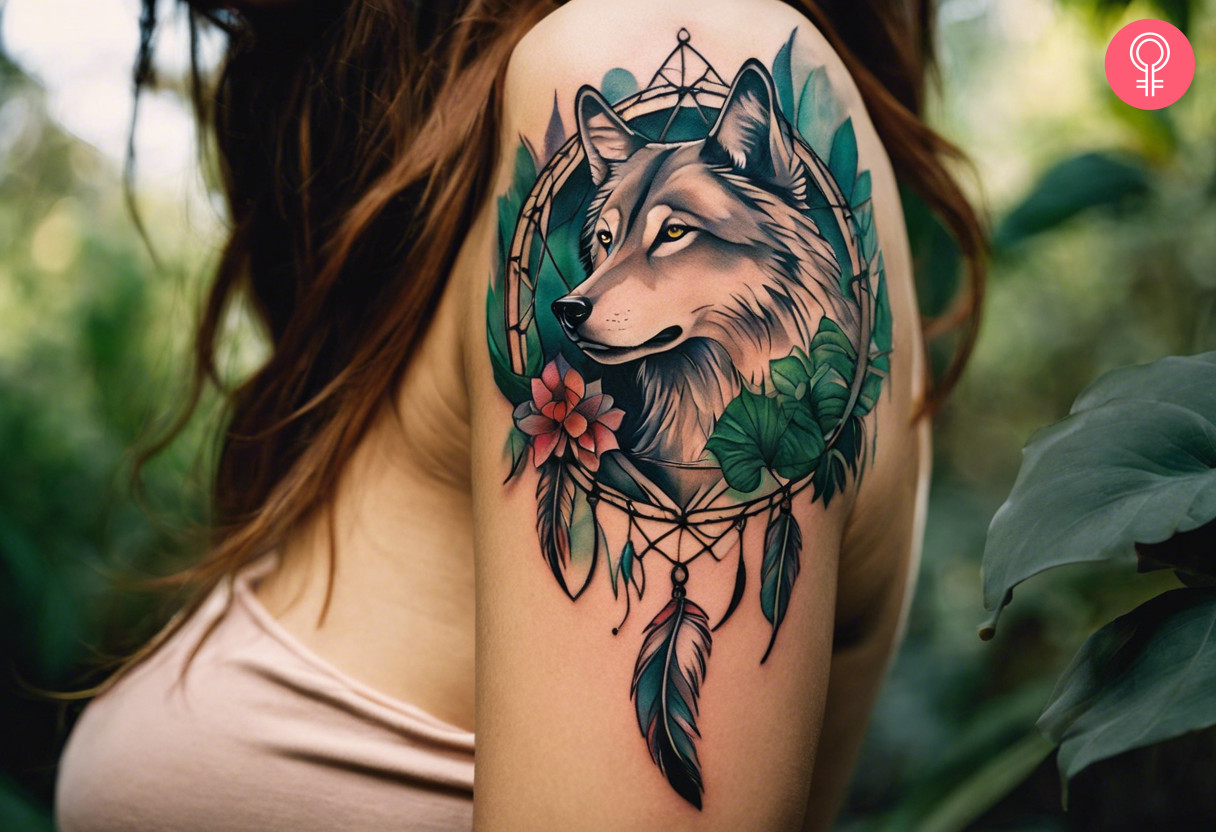 Wolf dreamcatcher tattoo on a woman’s upper arm