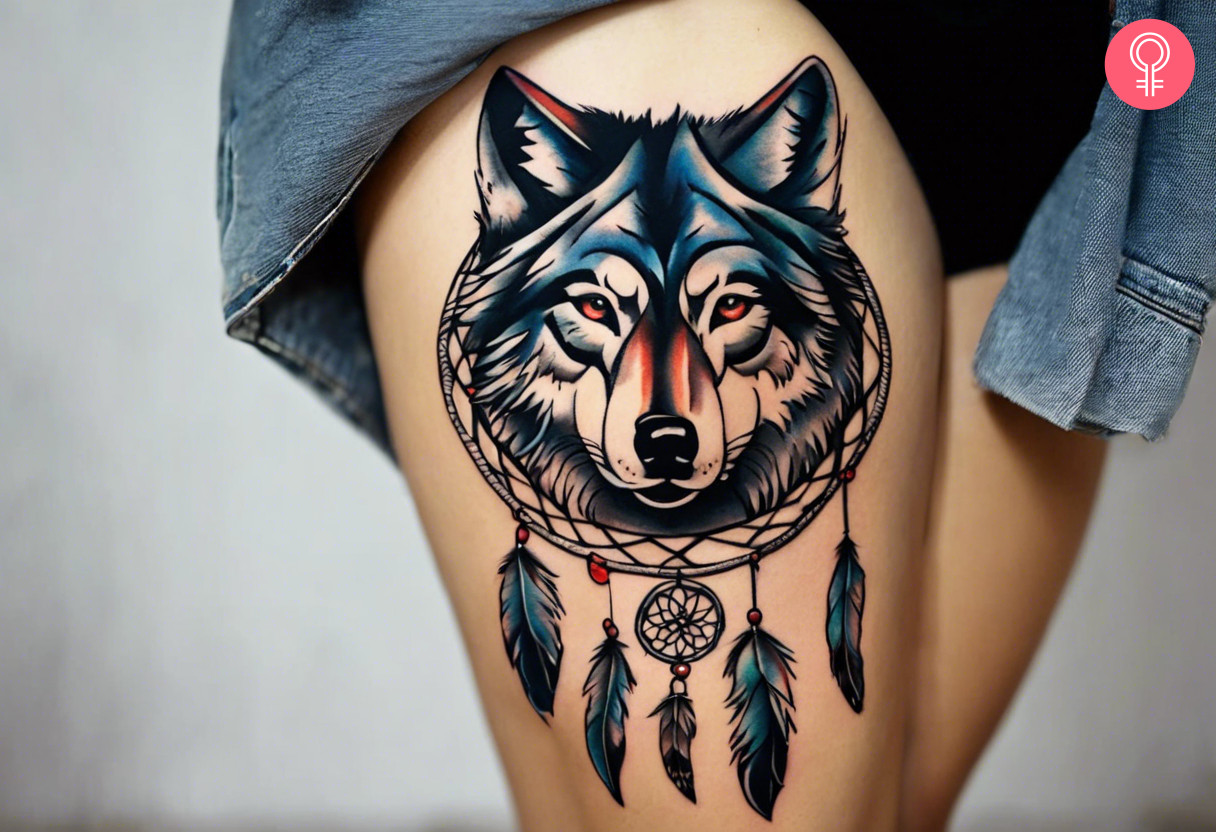 Wolf dreamcatcher tattoo on a woman’s thigh