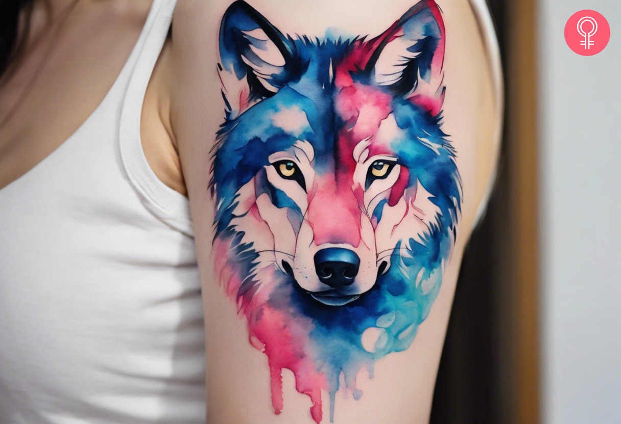 Wolf head watercolor tattoo on the upper arm of a woman