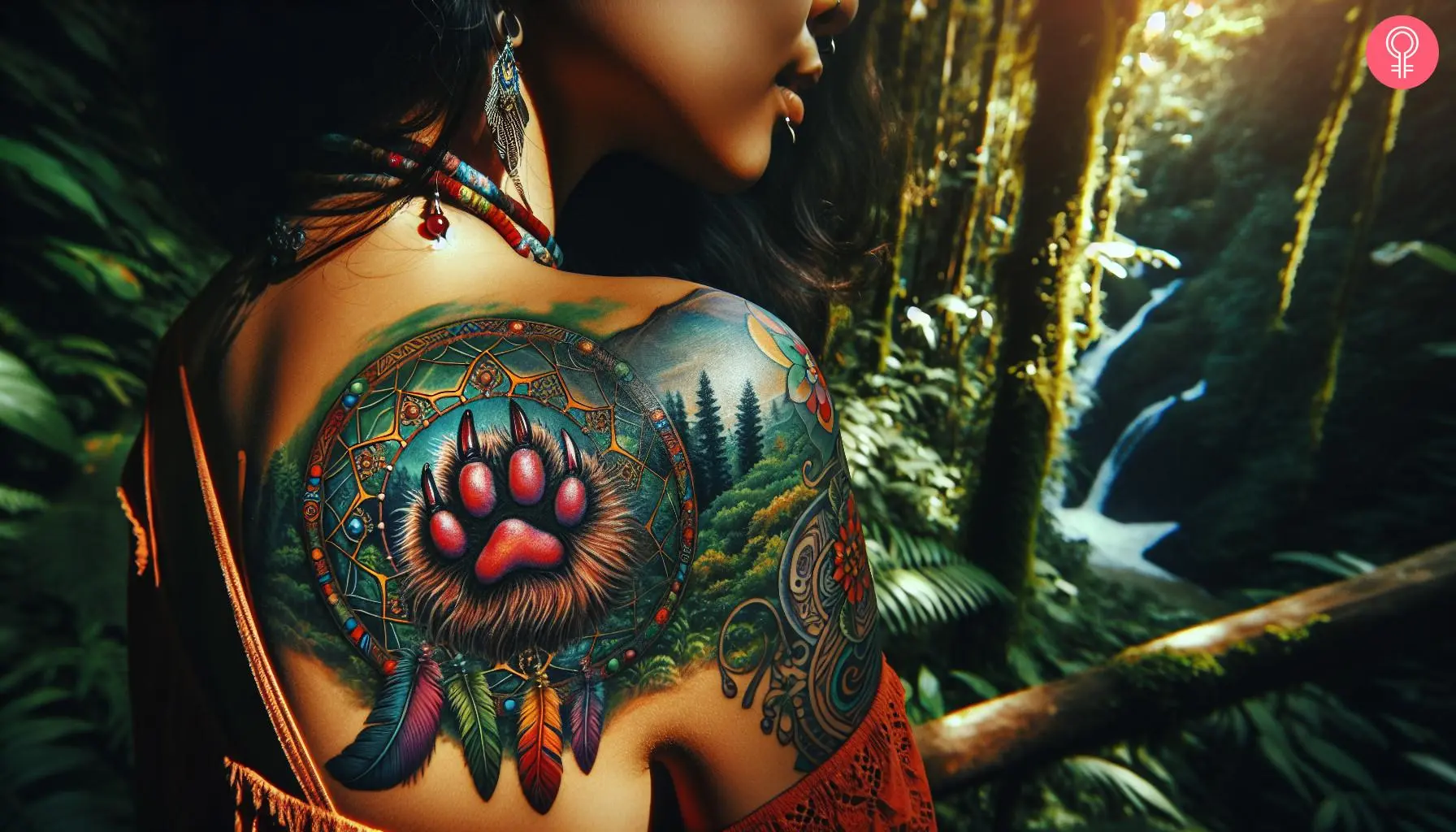 A tattoo on a woman’s shoulder featuring a wolf paw dreamcatcher tattoo