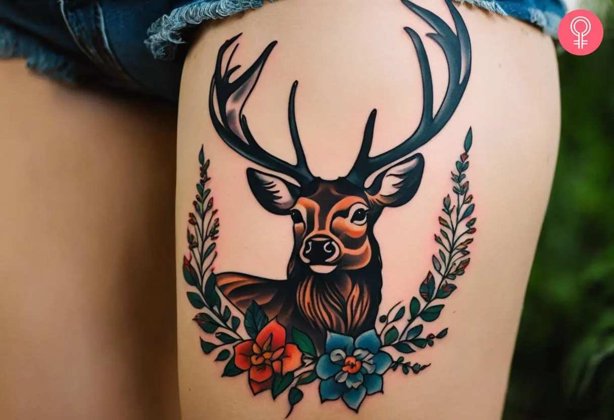 Woman with American traditional elk tattoo on her thigh