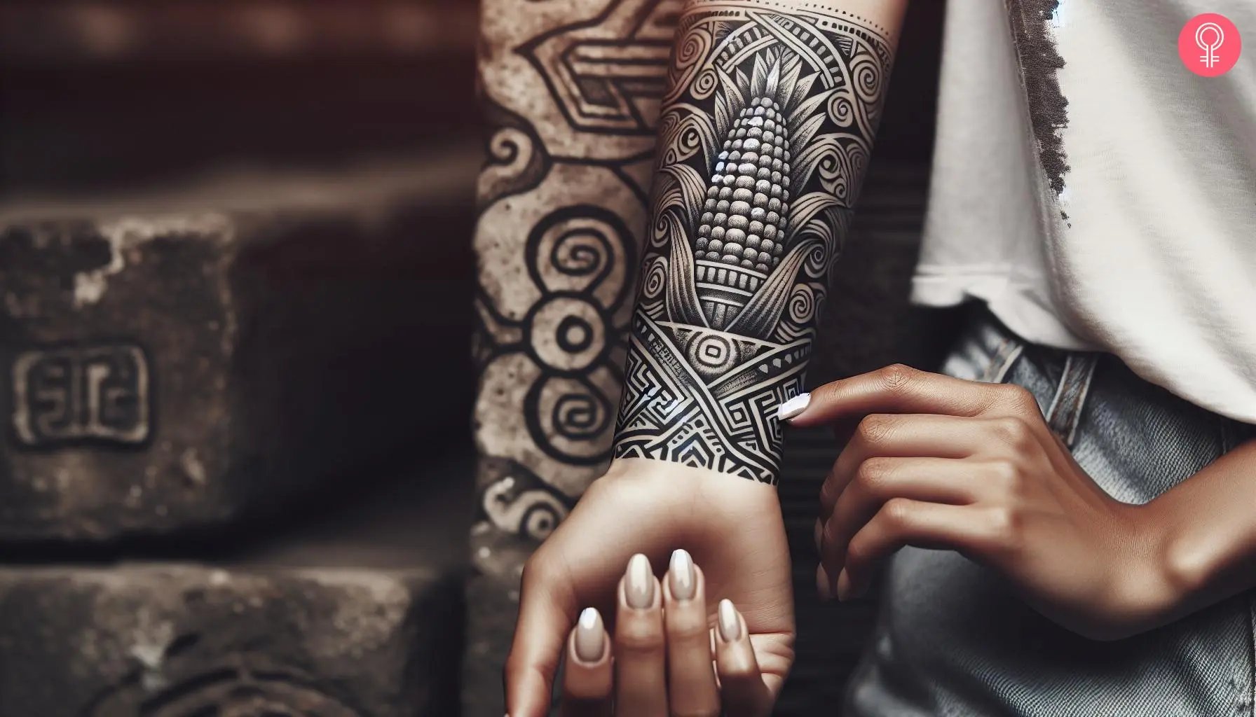 Woman with Aztec corn tattoo on her forearm