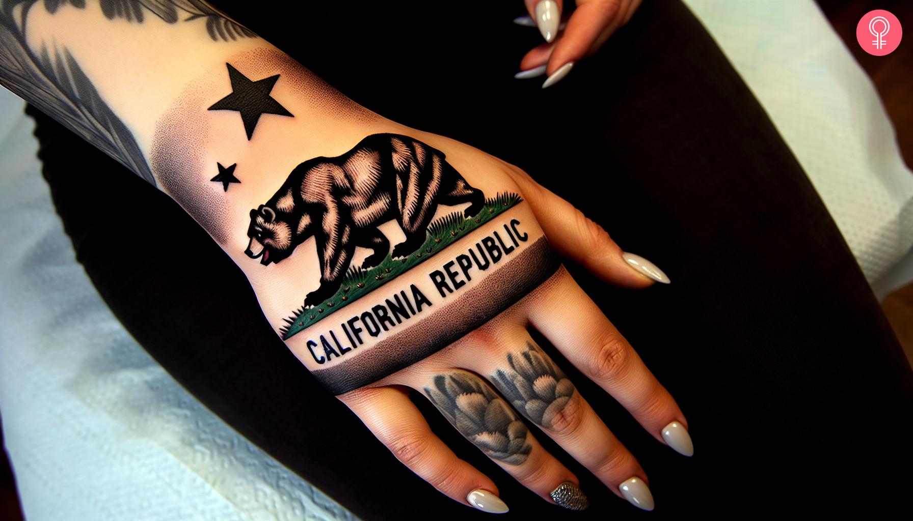 Woman with California flag tattoo on her hand