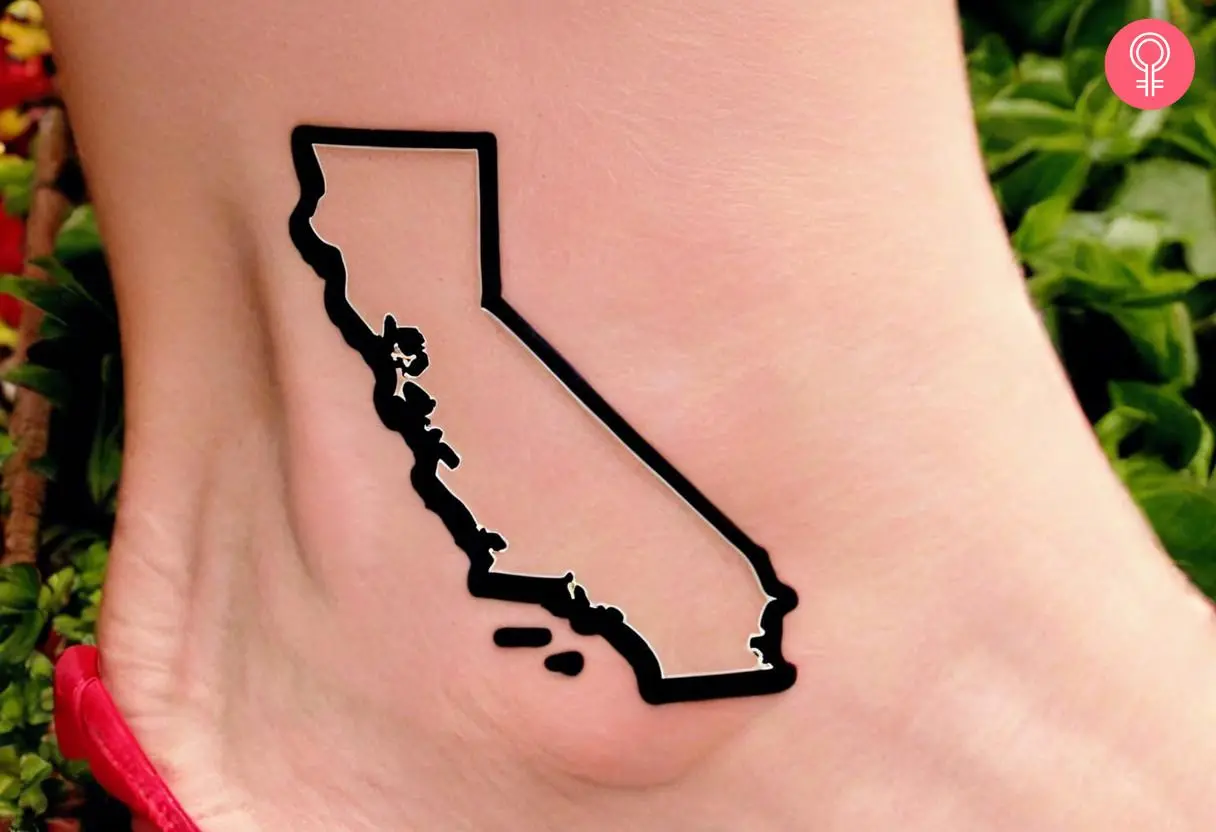 Woman with California outline tattoo on her ankle