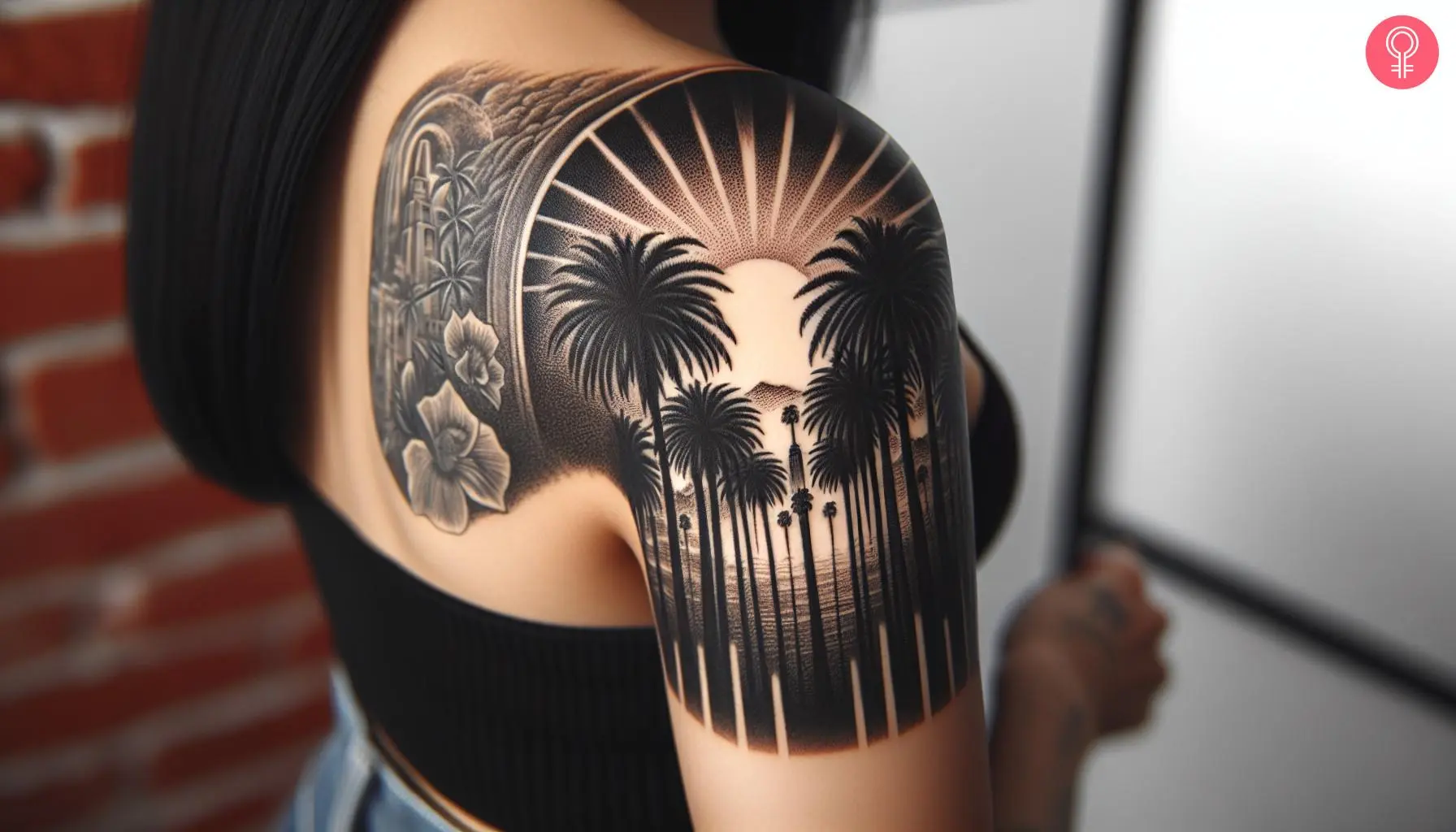 Woman with California palm tree tattoo on her arm