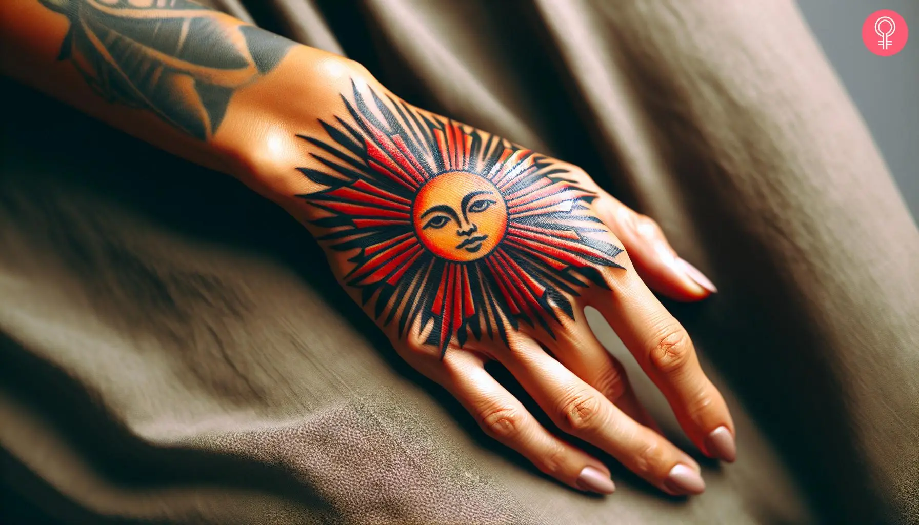 Woman with Filipino sun tattoo on her hand