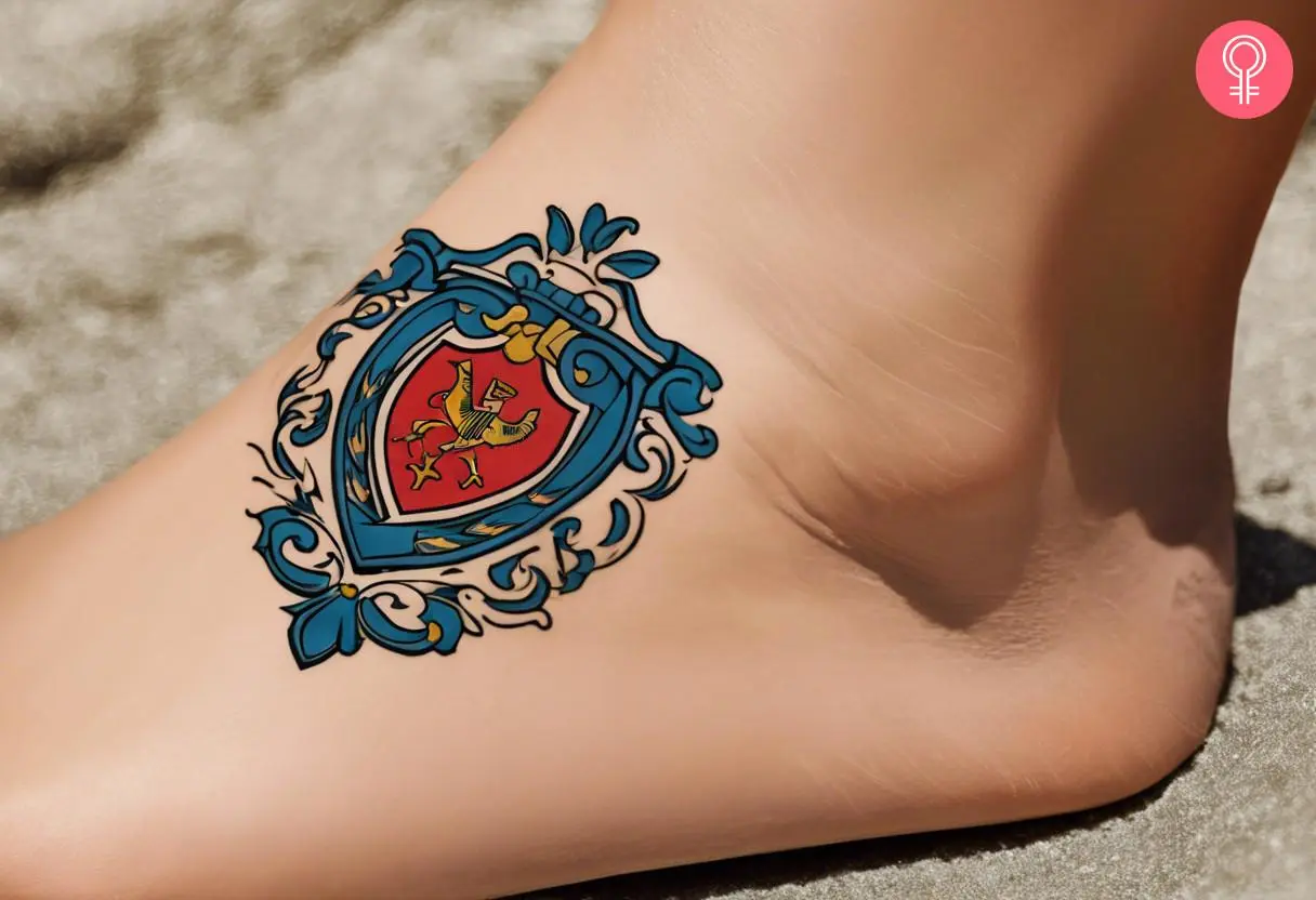 Woman with Hernandez family crest tattoo on her ankle