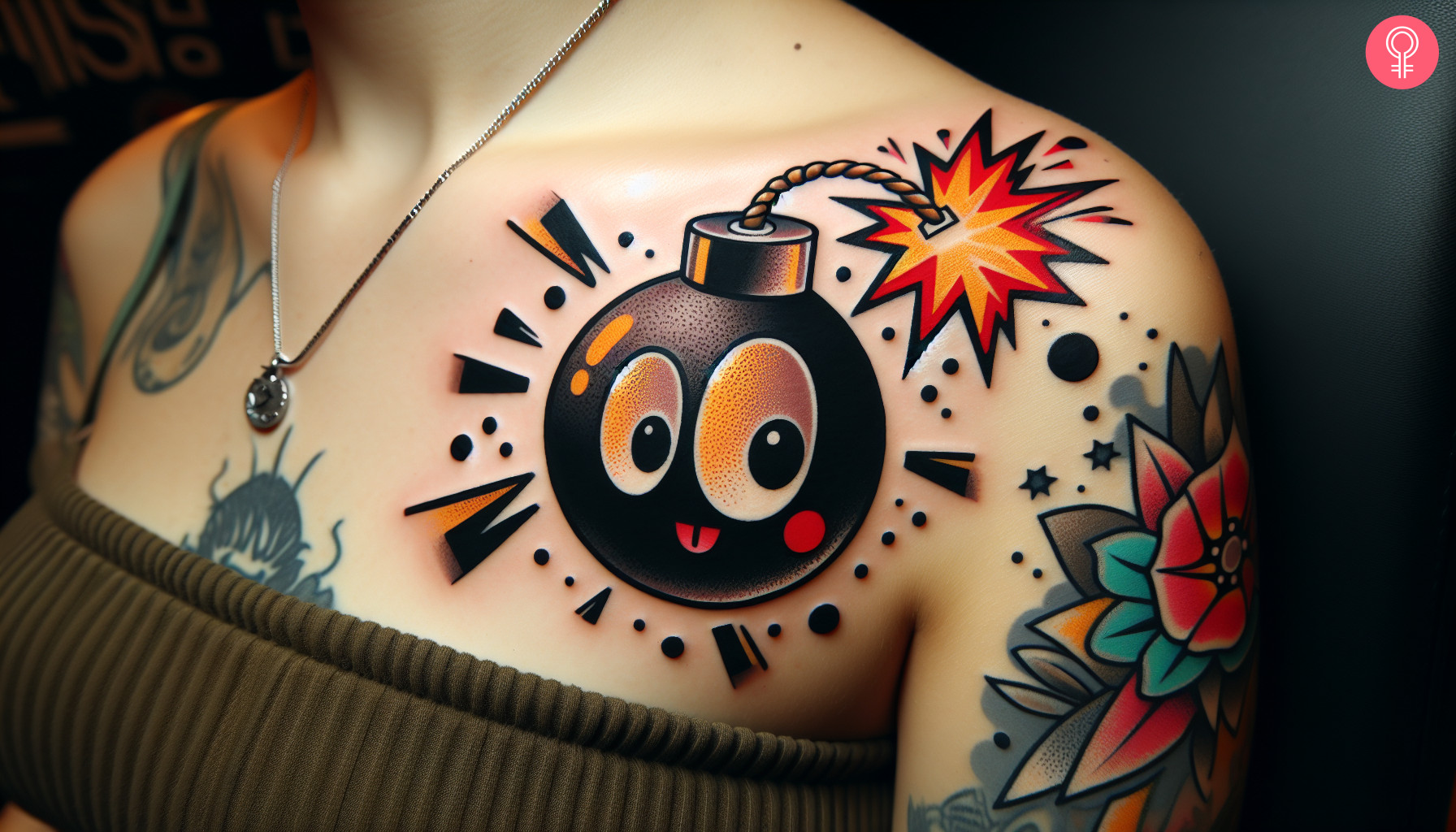 Woman with Mario bomb tattoo on her front shoulder