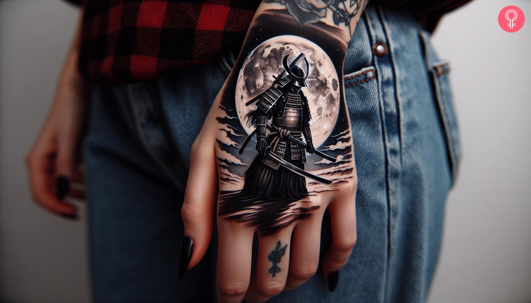 Woman with Ronin samurai dark tattoo on her wrist